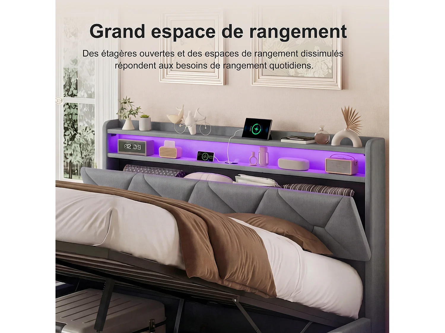 Lit double rembourré, 160 x 200 cm, avec espace de rangement, éclairage LED et USB, velours, Gris