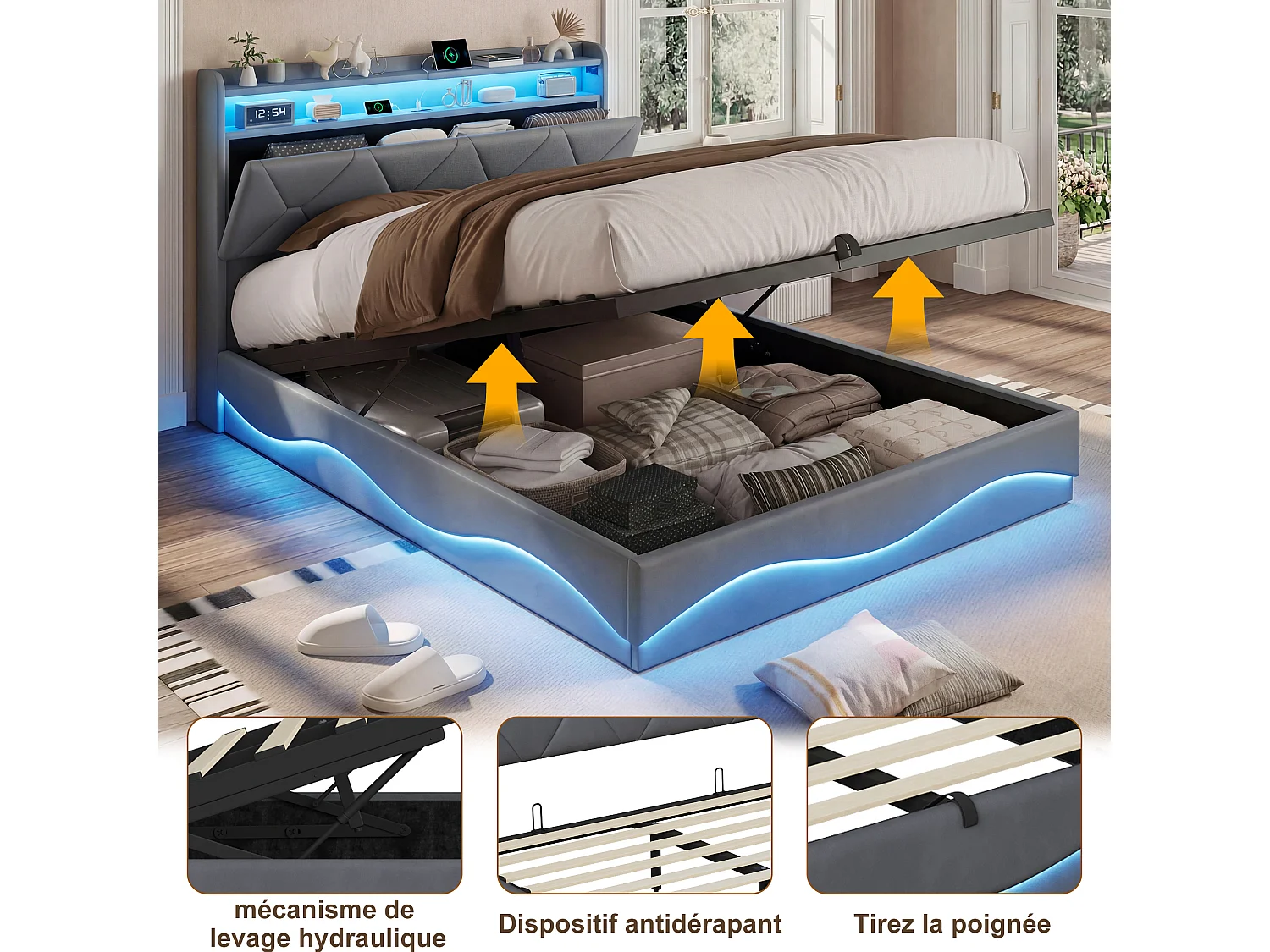 Lit double rembourré, 160 x 200 cm, avec espace de rangement, éclairage LED et USB, velours, Gris