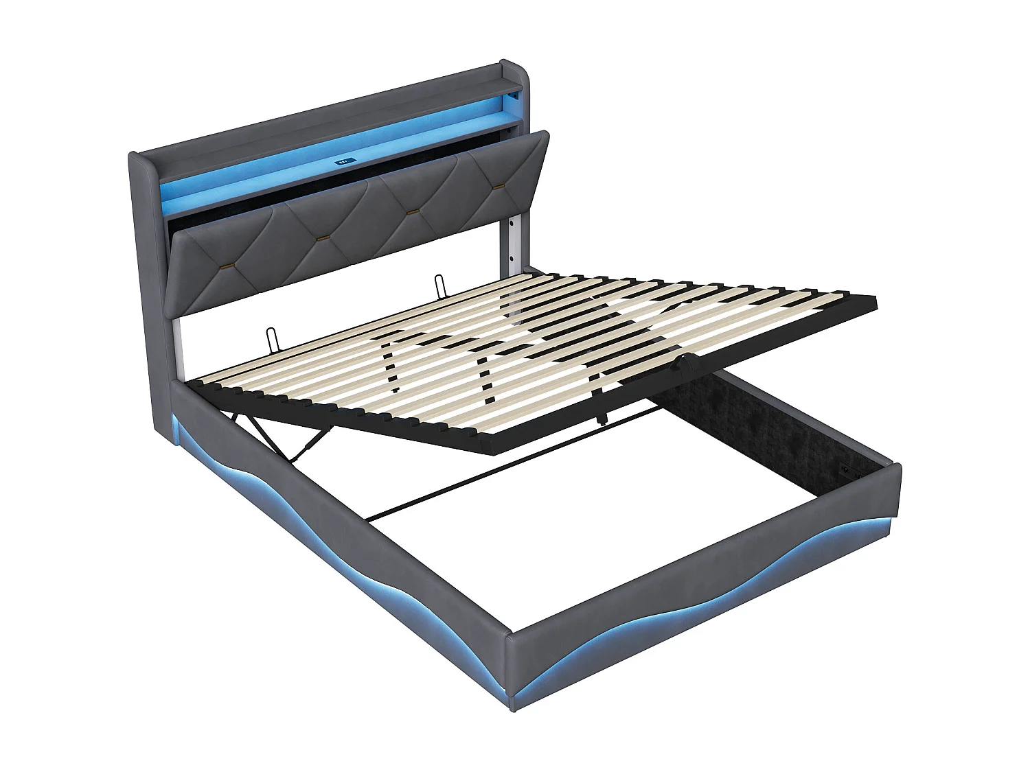 Lit double rembourré, 160 x 200 cm, avec espace de rangement, éclairage LED et USB, velours, Gris