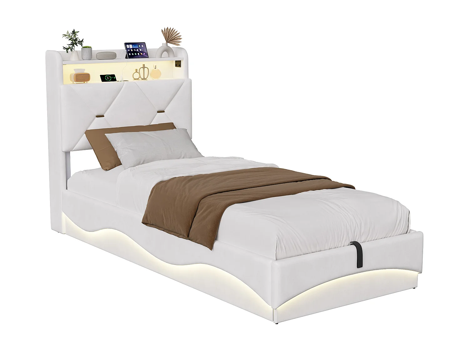 Lit Coffre 90 x 200 cm avec LED et USB Type-C, Lit Simple avec Sommier à Lattes et Rangement, Velours, Beige