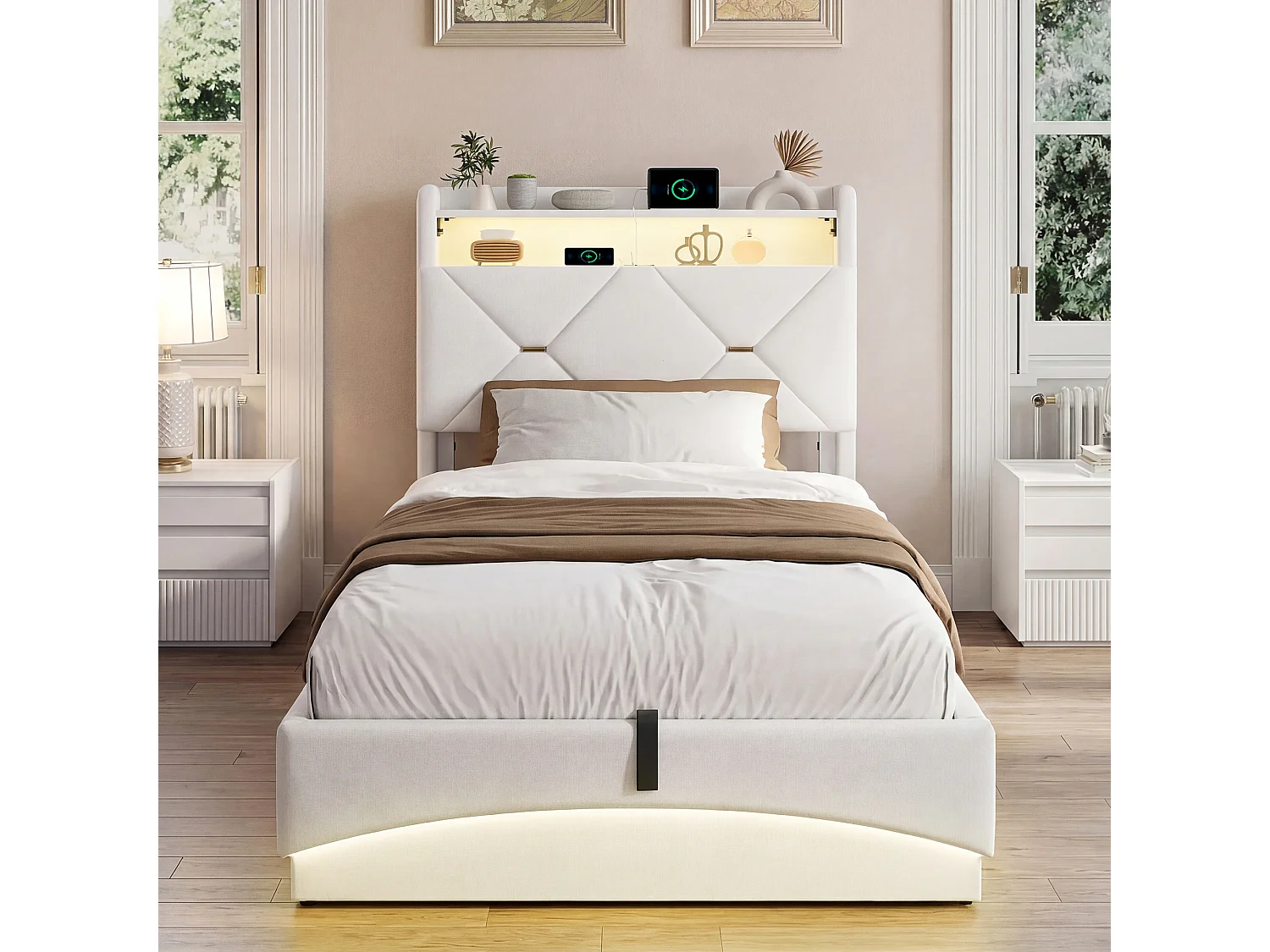 Lit Coffre 90 x 200 cm avec LED et USB Type-C, Lit Simple avec Sommier à Lattes et Rangement, Velours, Beige