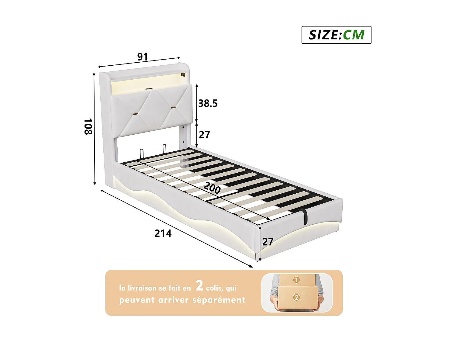 Lit Coffre 90 x 200 cm avec LED et USB Type-C, Lit Simple avec Sommier à Lattes et Rangement, Velours, Beige
