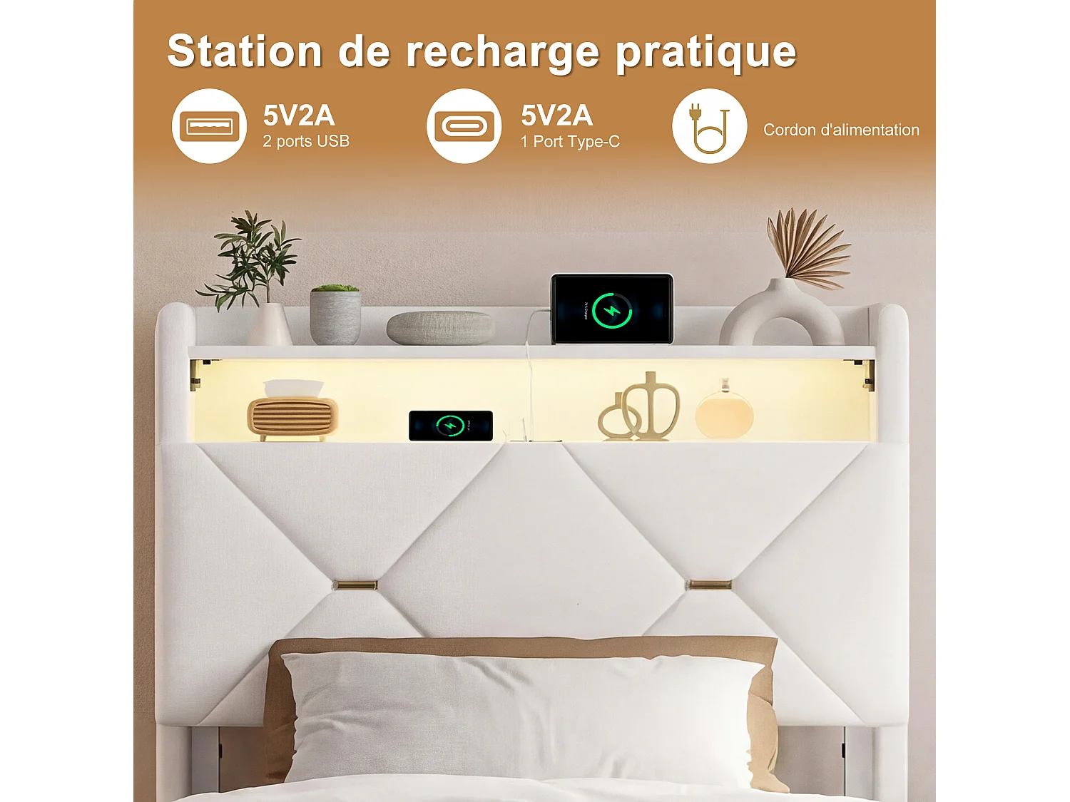 Lit Coffre 90 x 200 cm avec LED et USB Type-C, Lit Simple avec Sommier à Lattes et Rangement, Velours, Beige