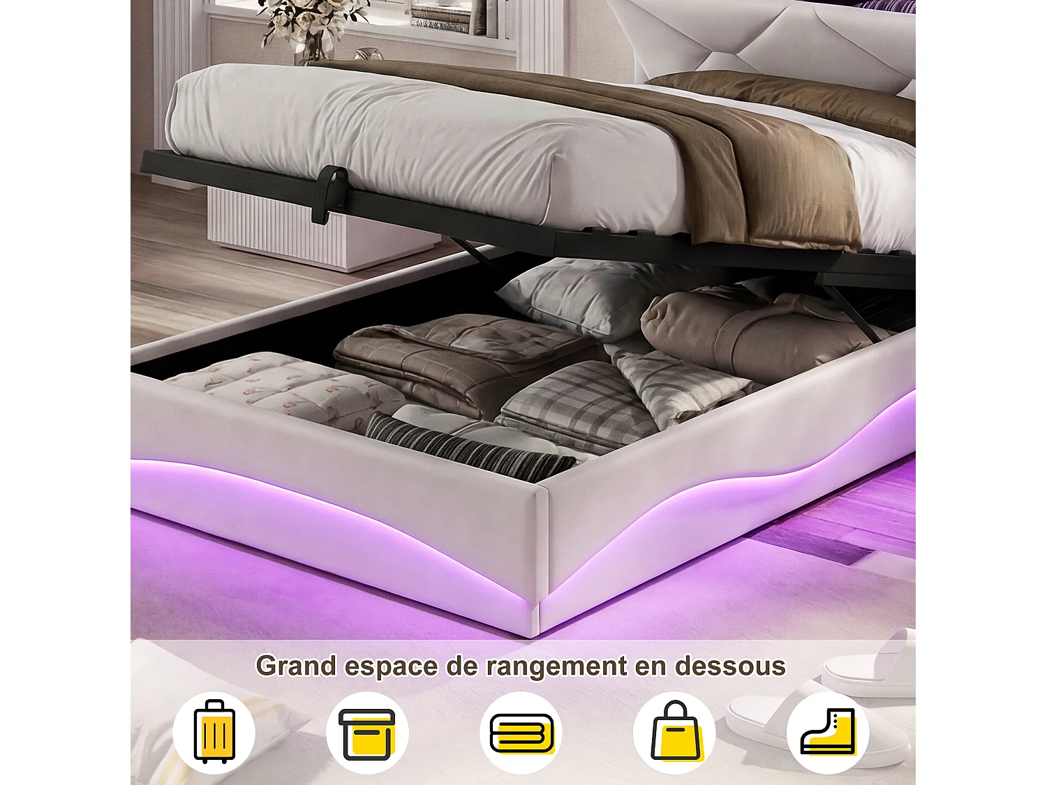 Lit Coffre 90 x 200 cm avec LED et USB Type-C, Lit Simple avec Sommier à Lattes et Rangement, Velours, Beige