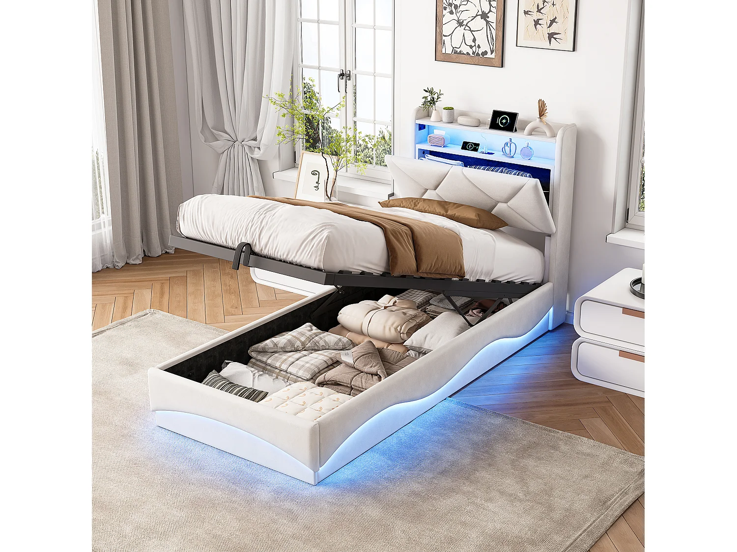 Lit Coffre 90 x 200 cm avec LED et USB Type-C, Lit Simple avec Sommier à Lattes et Rangement, Velours, Beige