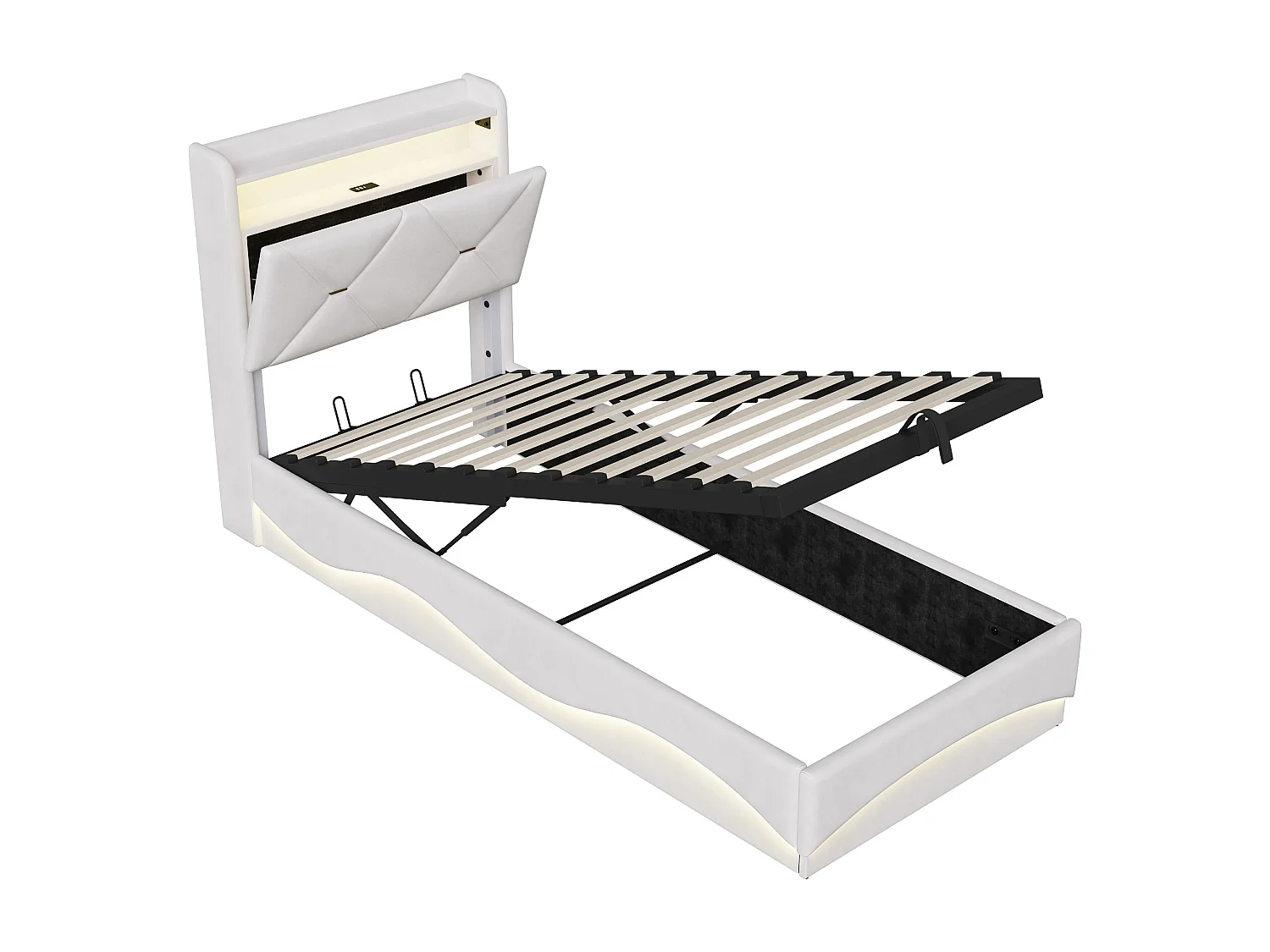 Lit Coffre 90 x 200 cm avec LED et USB Type-C, Lit Simple avec Sommier à Lattes et Rangement, Velours, Beige
