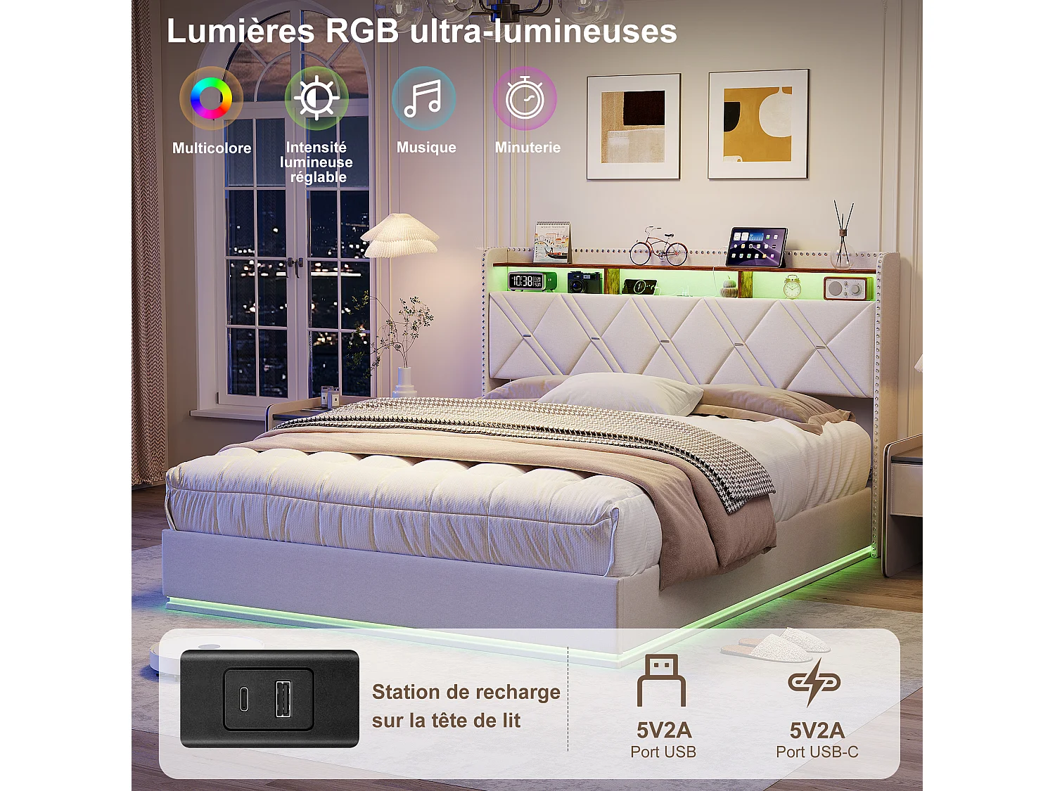 Lit coffre 140 x 200 cm LED &USB, cadre rembourré avec rangement hydraulique, tête de lit tiroirs, Lin, Beige