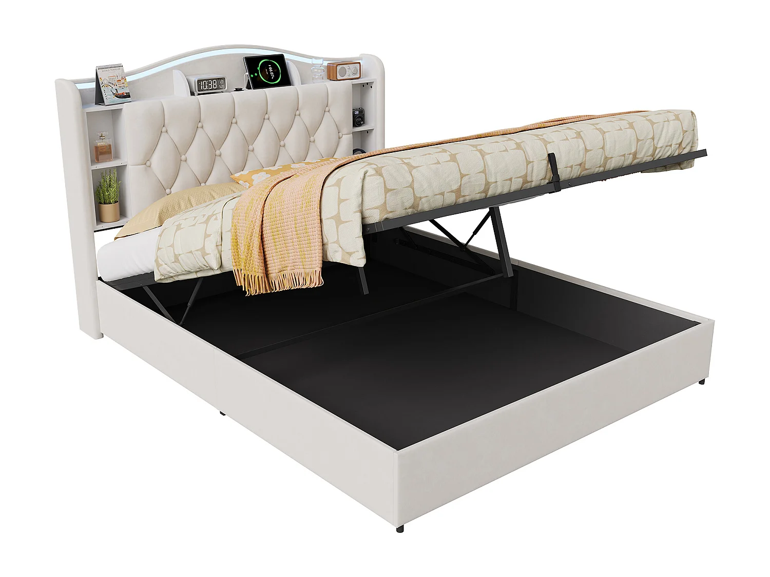 Lit 140 x 190 cm avec sommier à Lattes et Rangement, Lit Coffre avec Port USB de Type C, LED, Velours - Beige