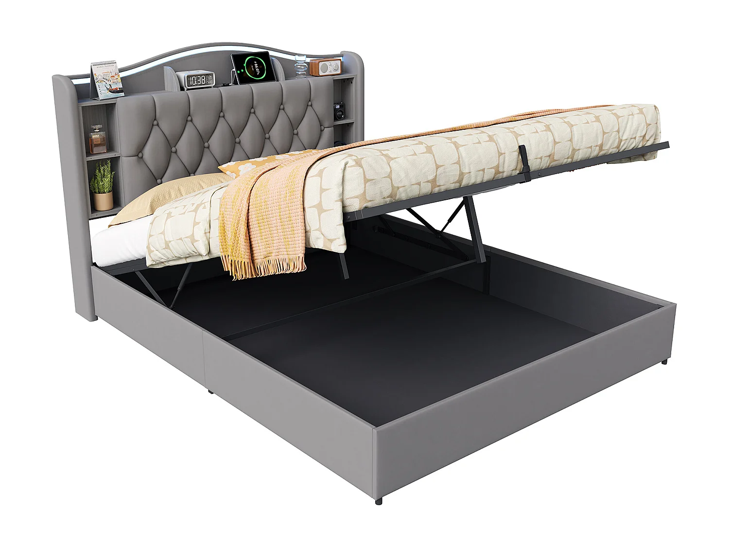Lit 140 x 190 cm avec sommier à Lattes et Rangement, Lit Coffre avec Port USB de Type C, LED, Velours - Gris