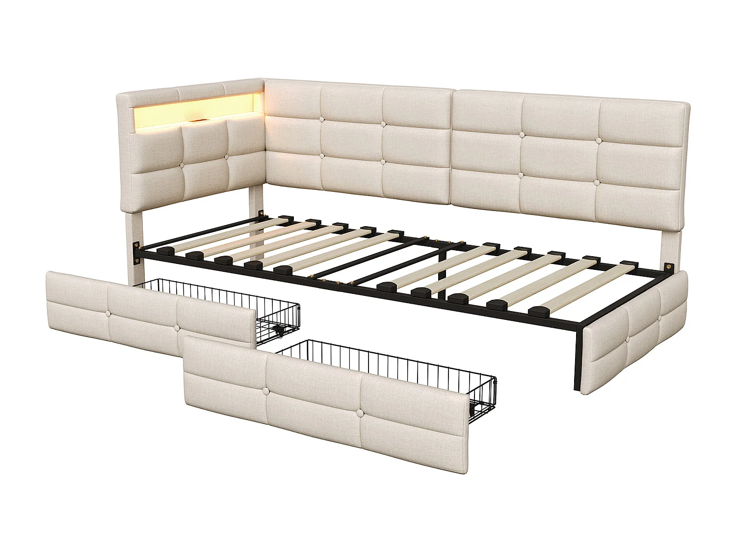 Lit 90 x 200 cm avec 2 tiroirs, Lit rembourré en L avec LED et USB, avec sommier à Lattes, Lin, Beige