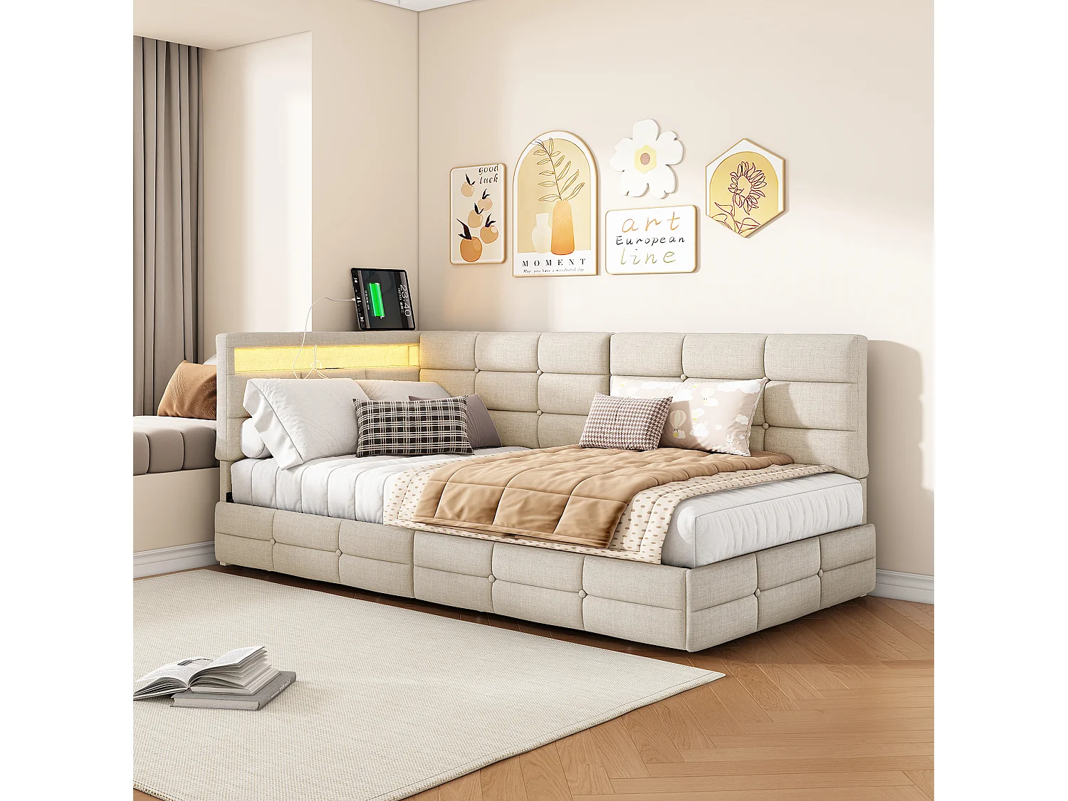 Lit 90 x 200 cm avec 2 tiroirs, Lit rembourré en L avec LED et USB, avec sommier à Lattes, Lin, Beige