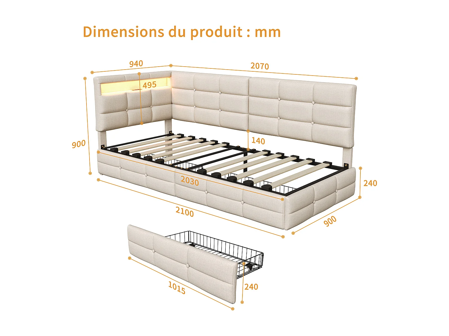 Lit 90 x 200 cm avec 2 tiroirs, Lit rembourré en L avec LED et USB, avec sommier à Lattes, Lin, Beige