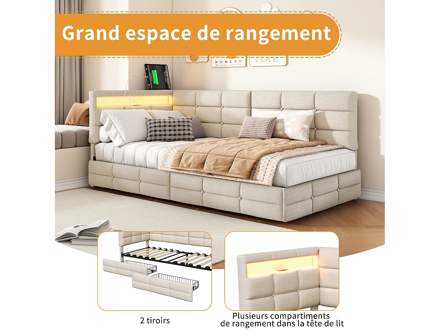 Lit 90 x 200 cm avec 2 tiroirs, Lit rembourré en L avec LED et USB, avec sommier à Lattes, Lin, Beige