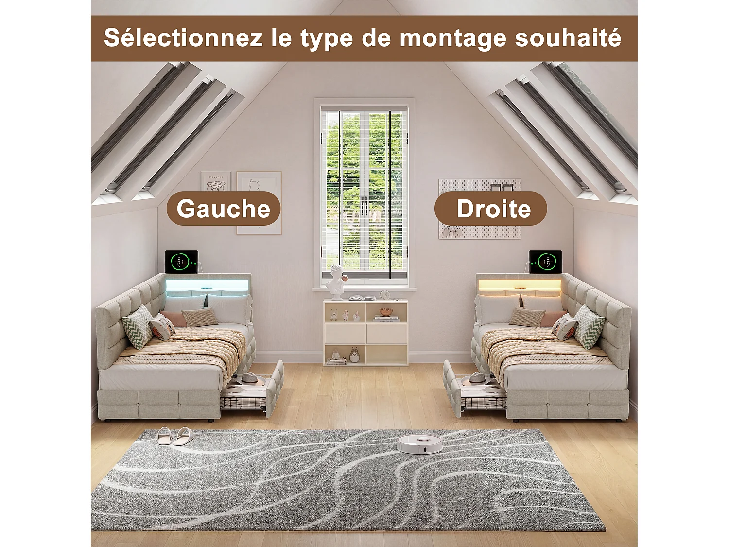 Lit 90 x 200 cm avec 2 tiroirs, Lit rembourré en L avec LED et USB, avec sommier à Lattes, Lin, Beige