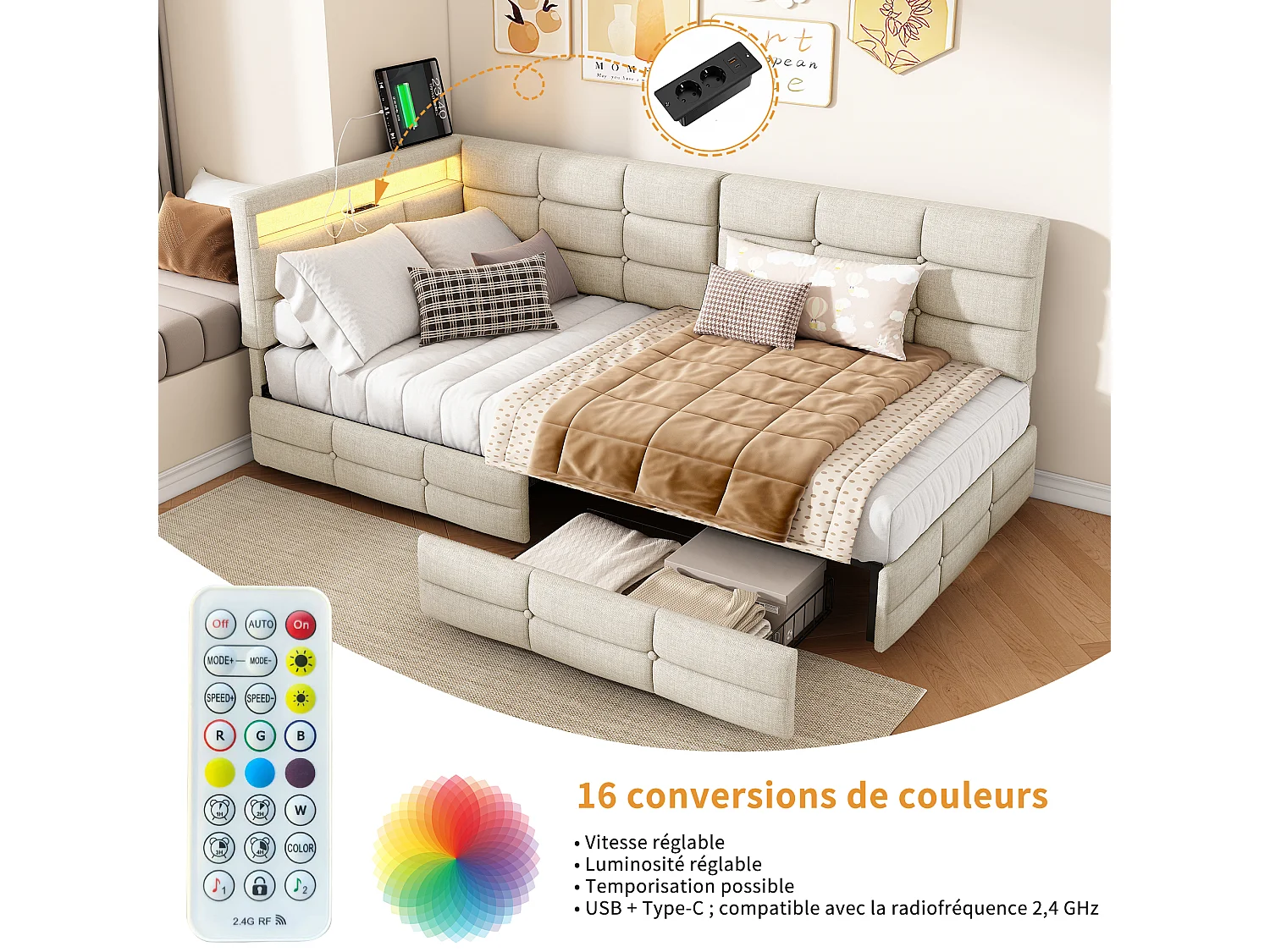 Lit 90 x 200 cm avec 2 tiroirs, Lit rembourré en L avec LED et USB, avec sommier à Lattes, Lin, Beige