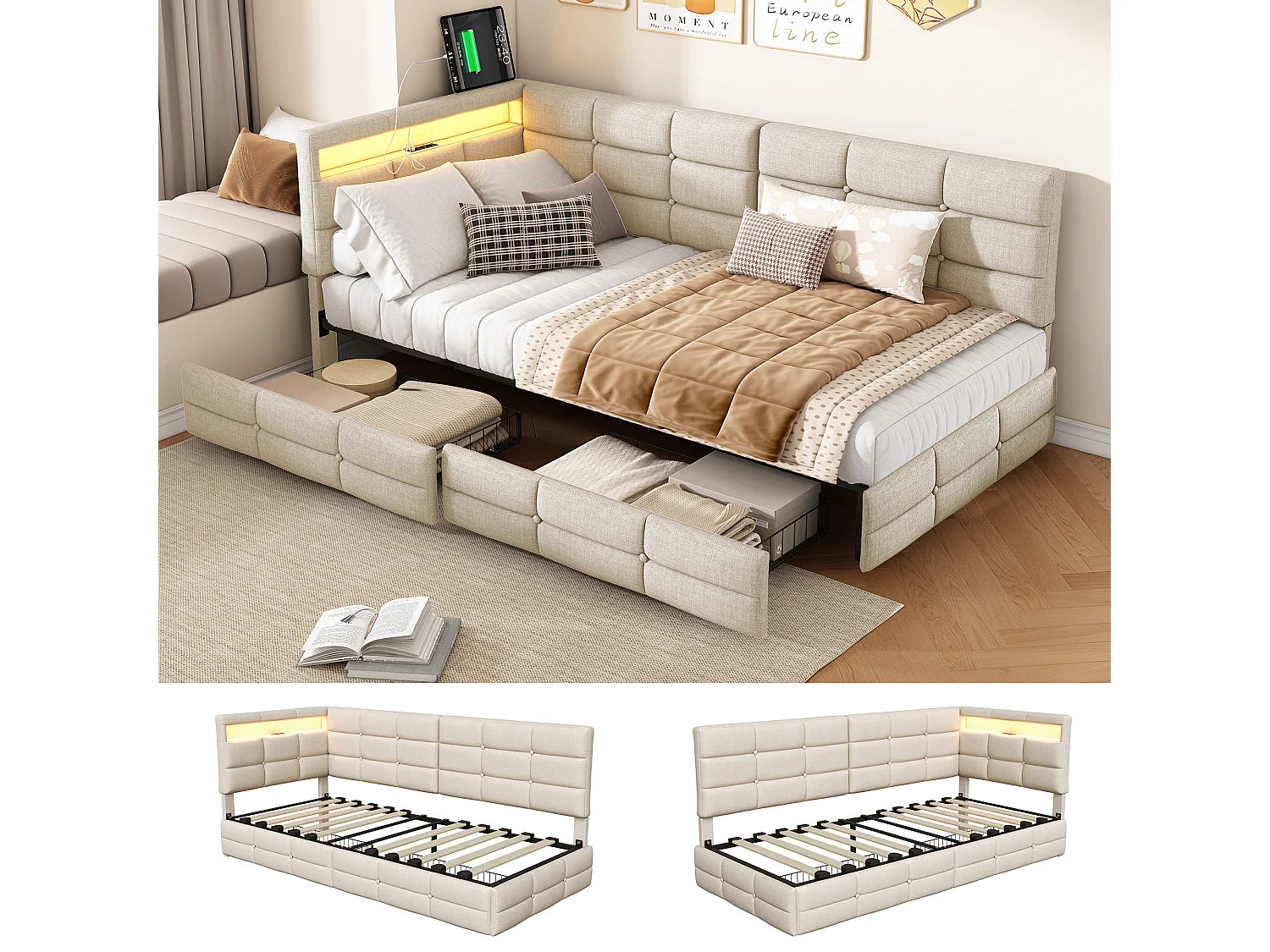 Lit 90 x 200 cm avec 2 tiroirs, Lit rembourré en L avec LED et USB, avec sommier à Lattes, Lin, Beige