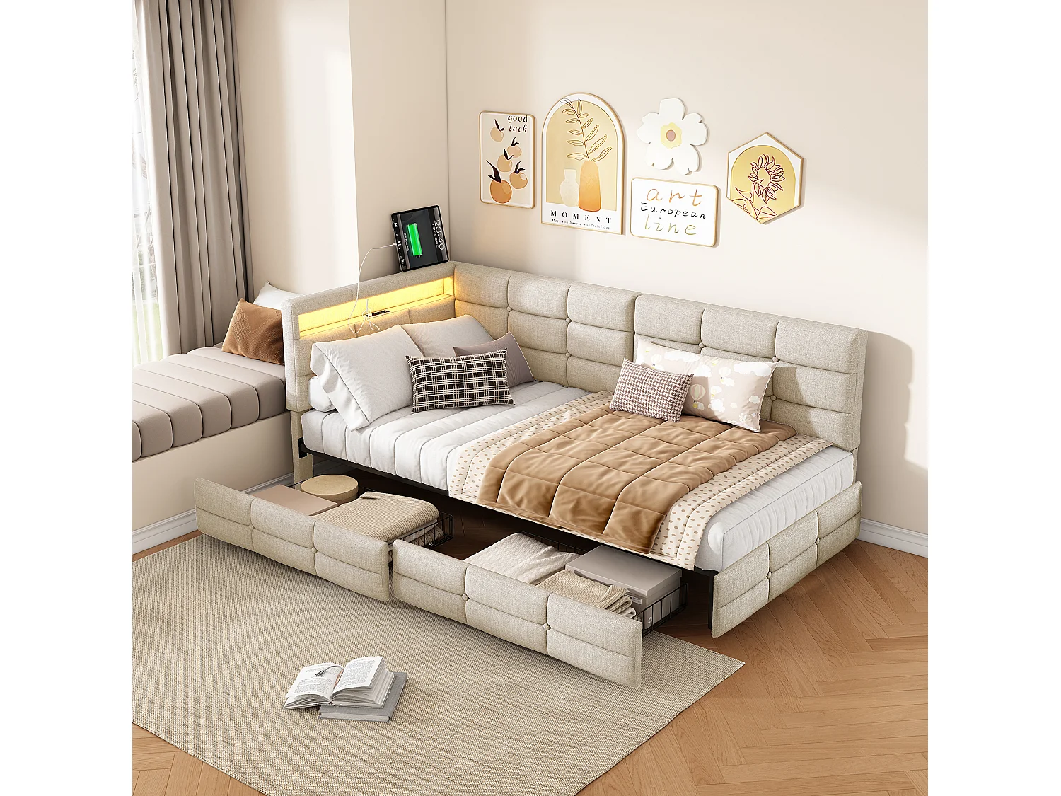 Lit 90 x 200 cm avec 2 tiroirs, Lit rembourré en L avec LED et USB, avec sommier à Lattes, Lin, Beige