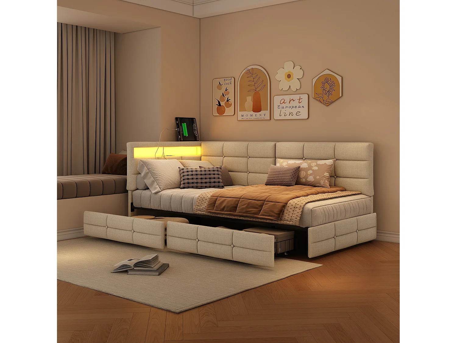 Lit 90 x 200 cm avec 2 tiroirs, Lit rembourré en L avec LED et USB, avec sommier à Lattes, Lin, Beige