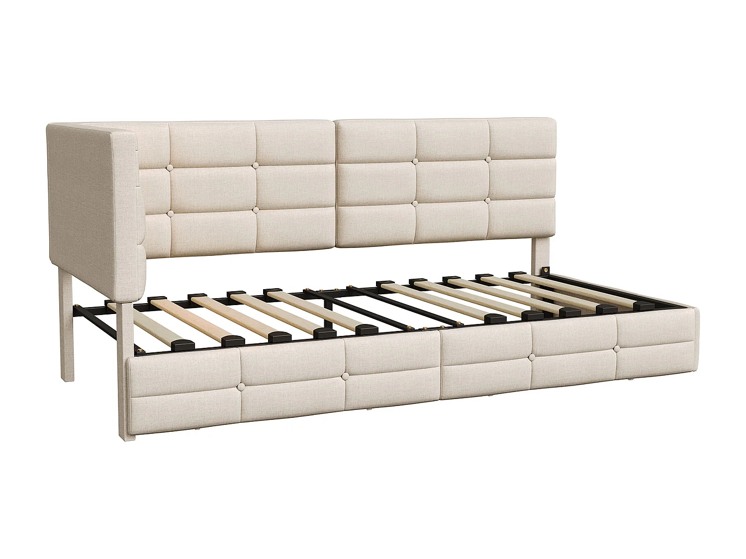 Lit 90 x 200 cm avec 2 tiroirs, Lit rembourré en L avec LED et USB, avec sommier à Lattes, Lin, Beige