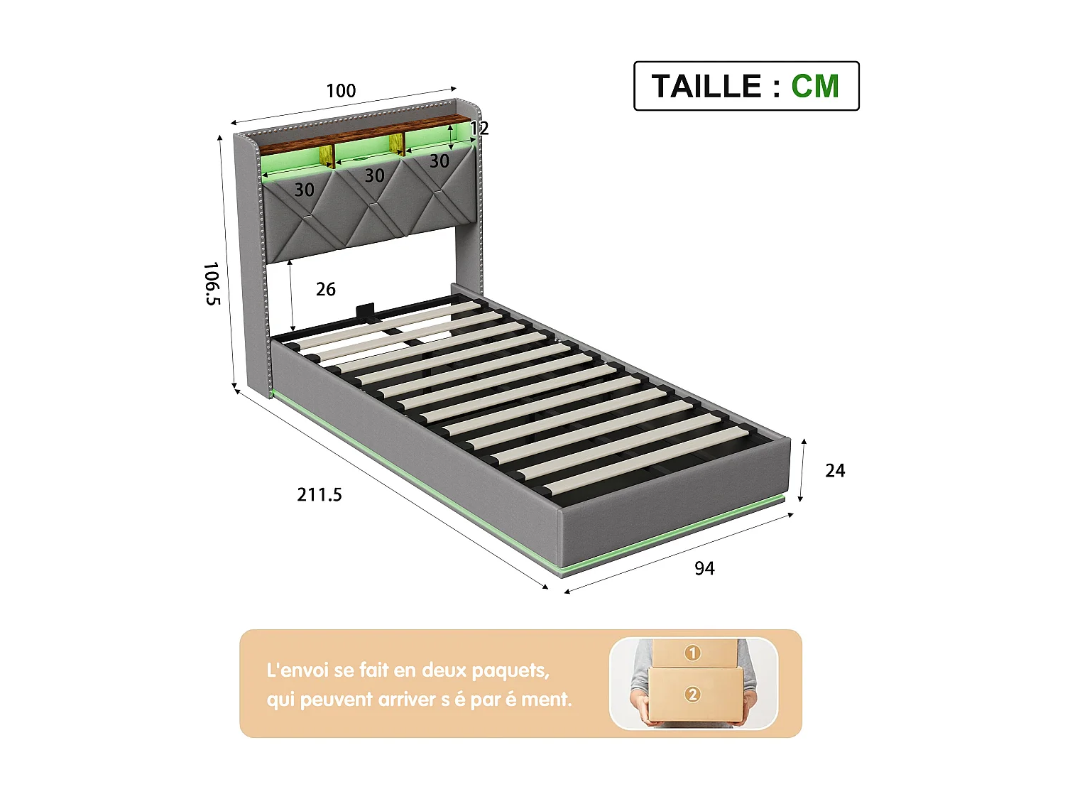 Lit simple 90 x 200 cm LED et USB, coffre hydraulique, rangement tête de lit, sommier tapissier, Lin, Gris