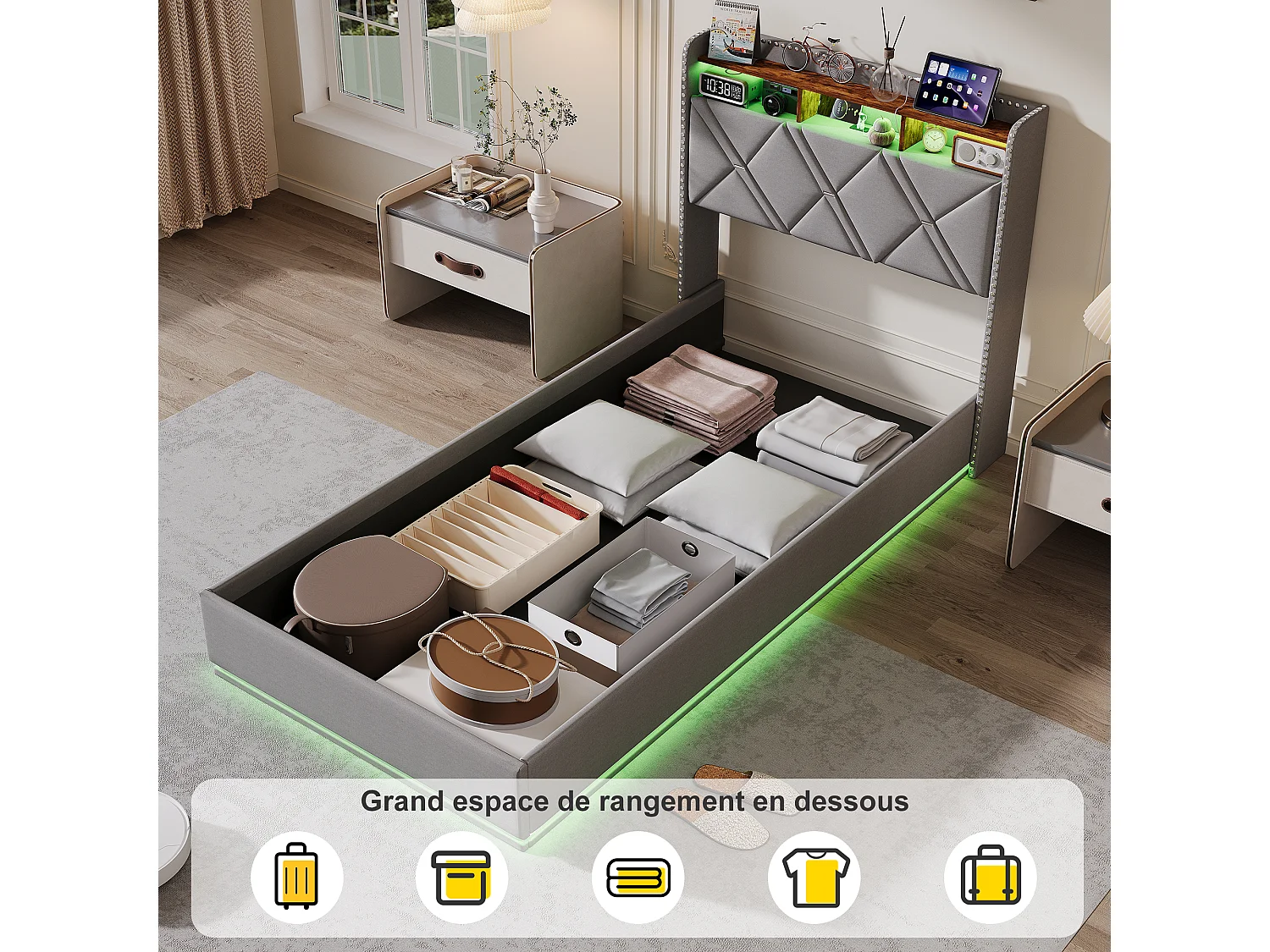 Lit simple 90 x 200 cm LED et USB, coffre hydraulique, rangement tête de lit, sommier tapissier, Lin, Gris