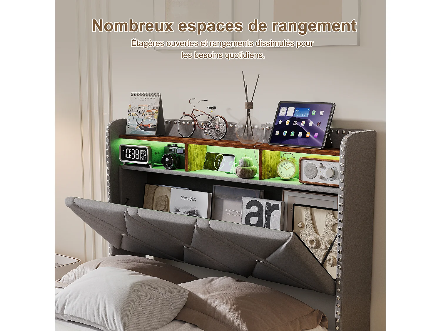 Lit simple 90 x 200 cm LED et USB, coffre hydraulique, rangement tête de lit, sommier tapissier, Lin, Gris