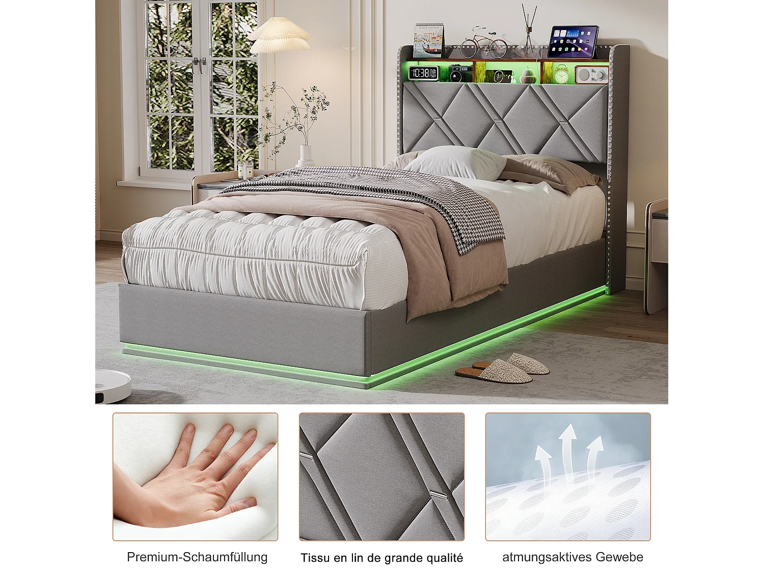 Lit simple 90 x 200 cm LED et USB, coffre hydraulique, rangement tête de lit, sommier tapissier, Lin, Gris