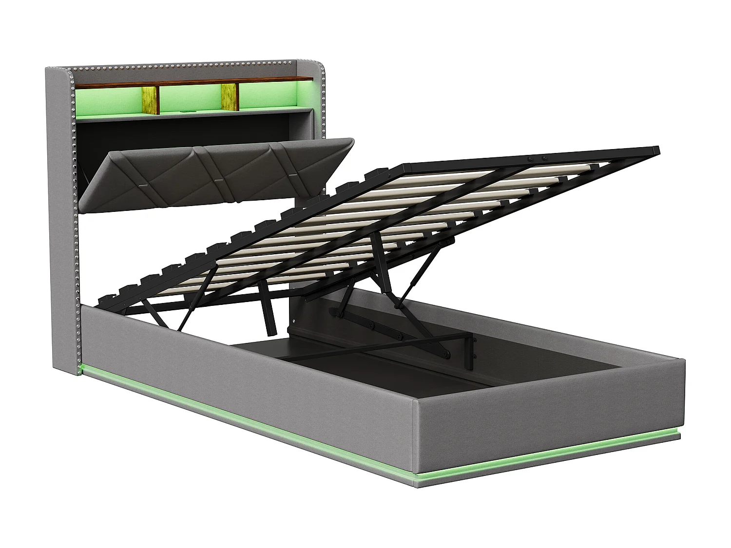 Lit simple 90 x 200 cm LED et USB, coffre hydraulique, rangement tête de lit, sommier tapissier, Lin, Gris