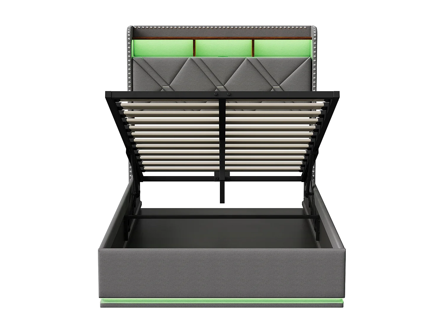 Lit simple 90 x 200 cm LED et USB, coffre hydraulique, rangement tête de lit, sommier tapissier, Lin, Gris