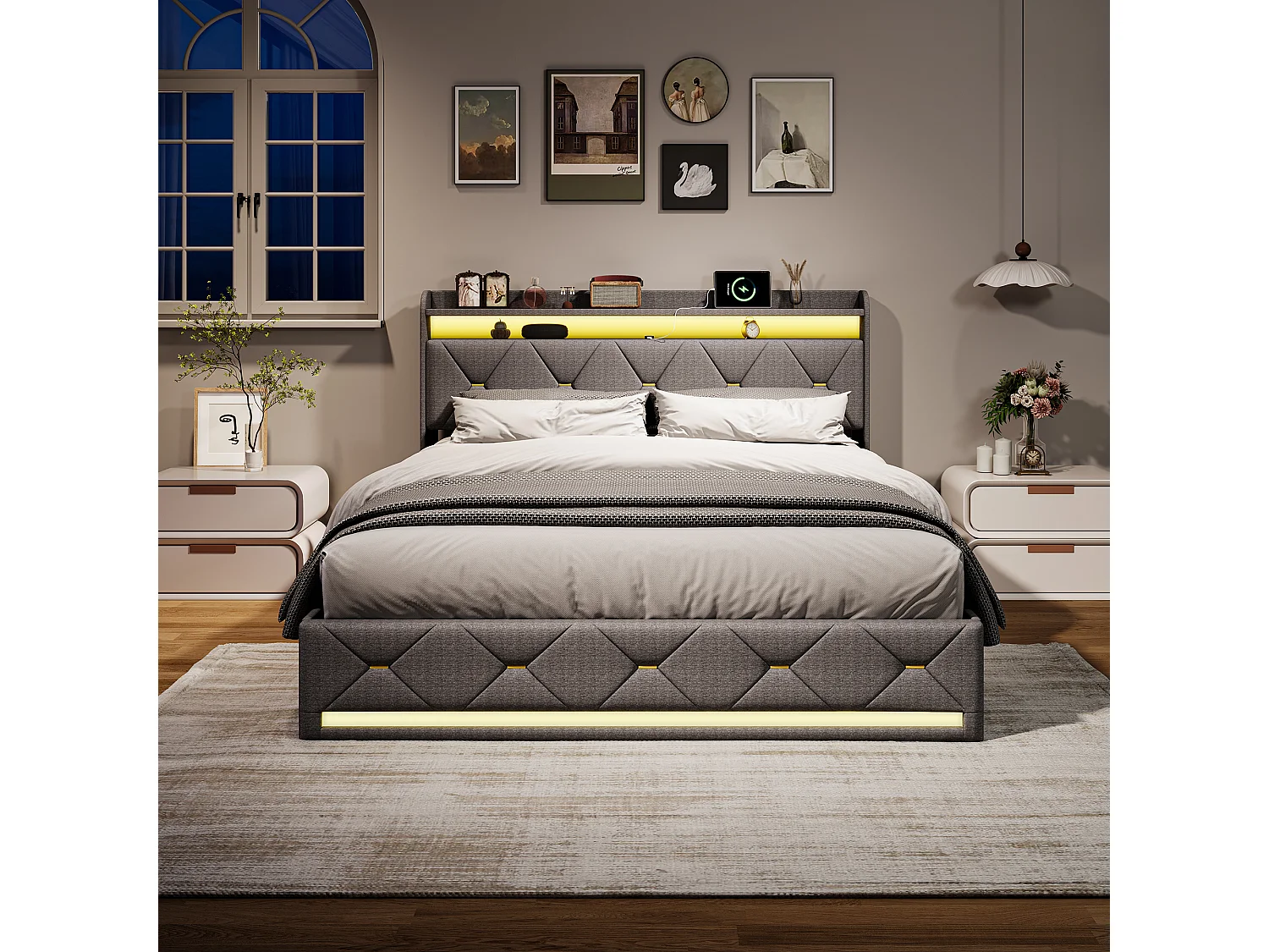 Lit Coffre 140 x 200 cm avec LED et USB, Lit Double Rembourré avec Sommier à Lattes, Lin, Gris
