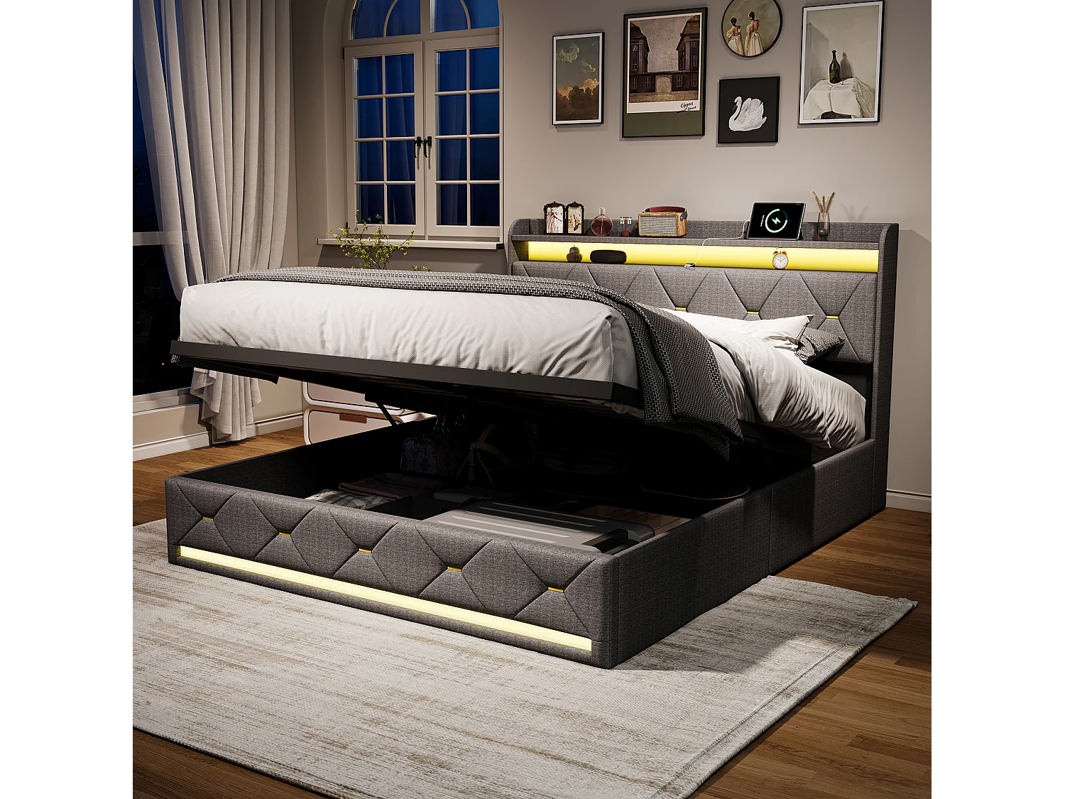 Lit Coffre 140 x 200 cm avec LED et USB, Lit Double Rembourré avec Sommier à Lattes, Lin, Gris