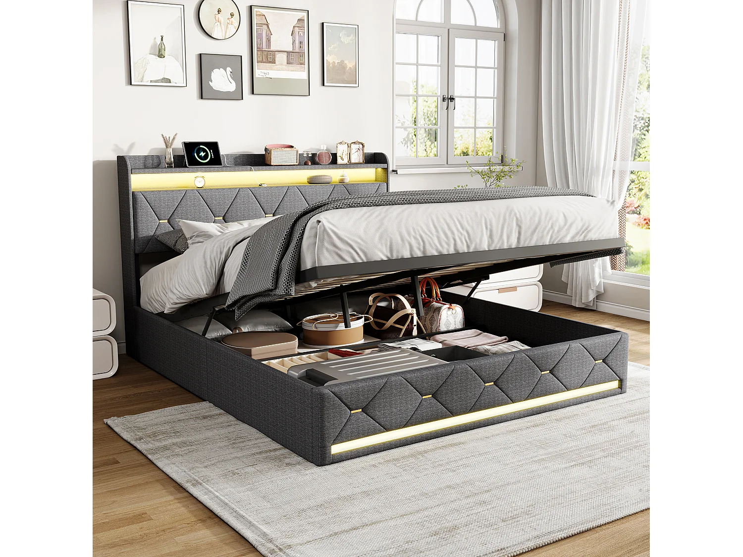 Lit Coffre 140 x 200 cm avec LED et USB, Lit Double Rembourré avec Sommier à Lattes, Lin, Gris