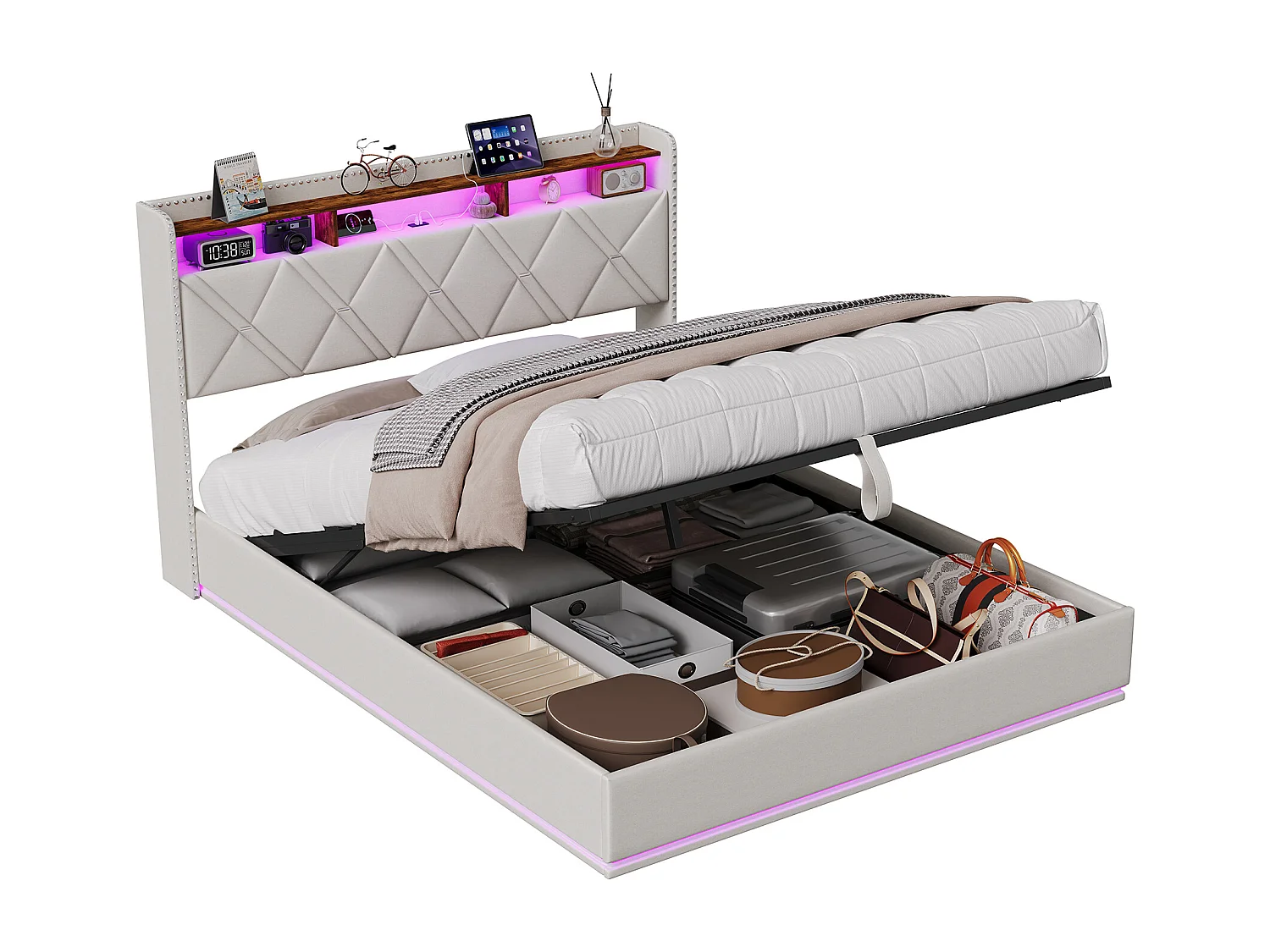 Lit coffre 160 x 200 cm LED &USB, cadre rembourré avec rangement hydraulique, tête de lit tiroirs, Lin, Beige