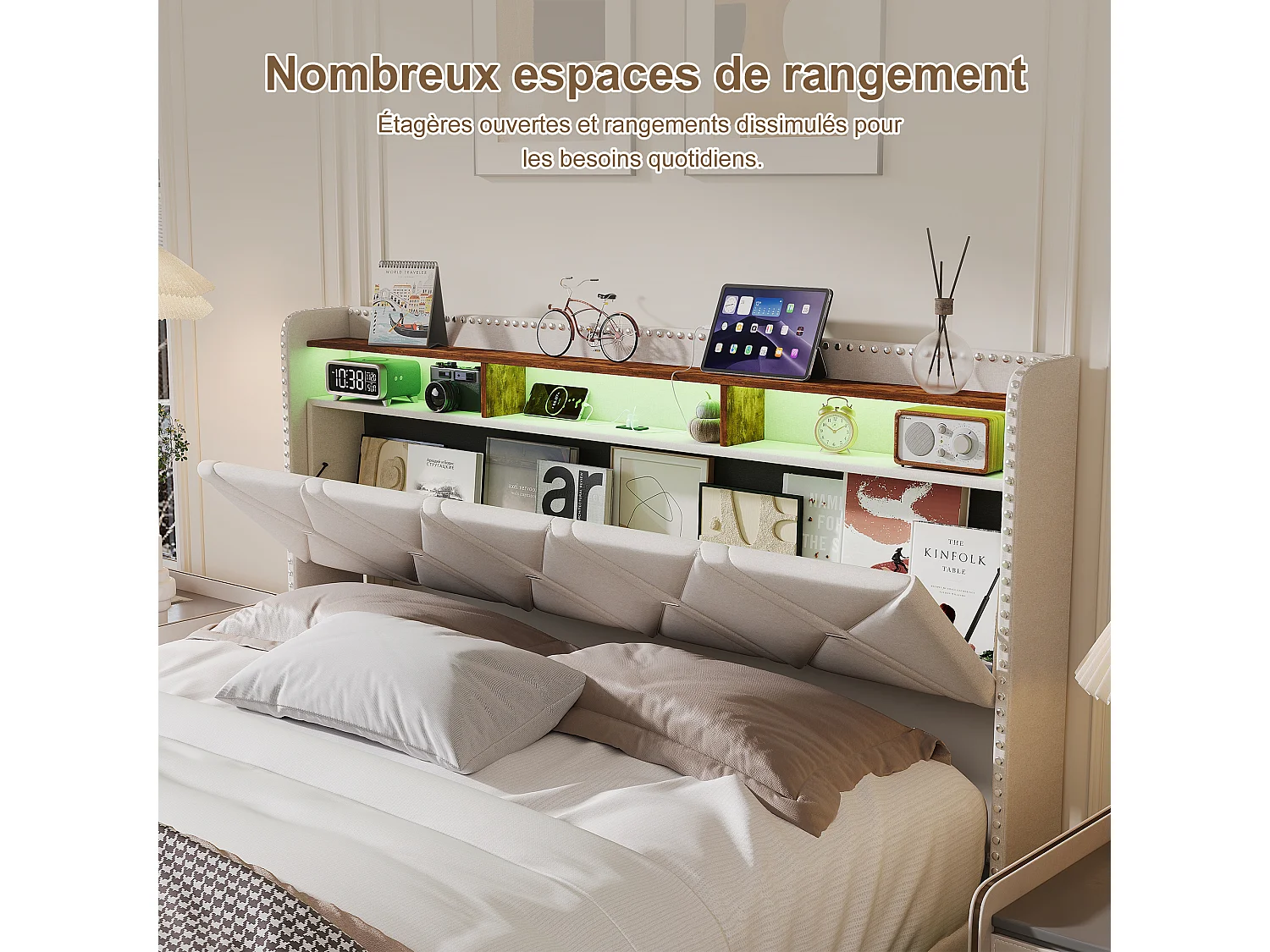 Lit coffre 160 x 200 cm LED &USB, cadre rembourré avec rangement hydraulique, tête de lit tiroirs, Lin, Beige