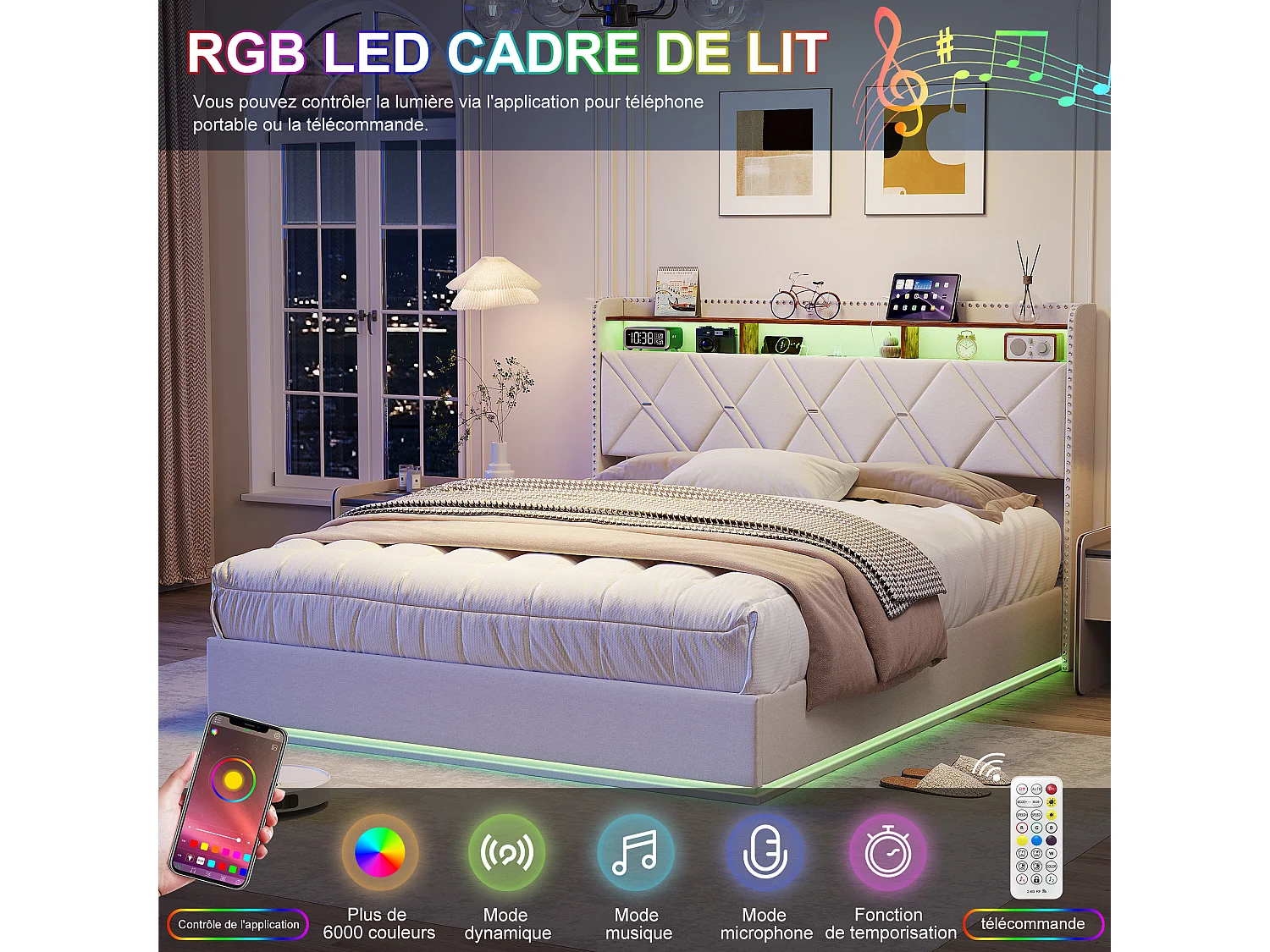 Lit coffre 160 x 200 cm LED &USB, cadre rembourré avec rangement hydraulique, tête de lit tiroirs, Lin, Beige