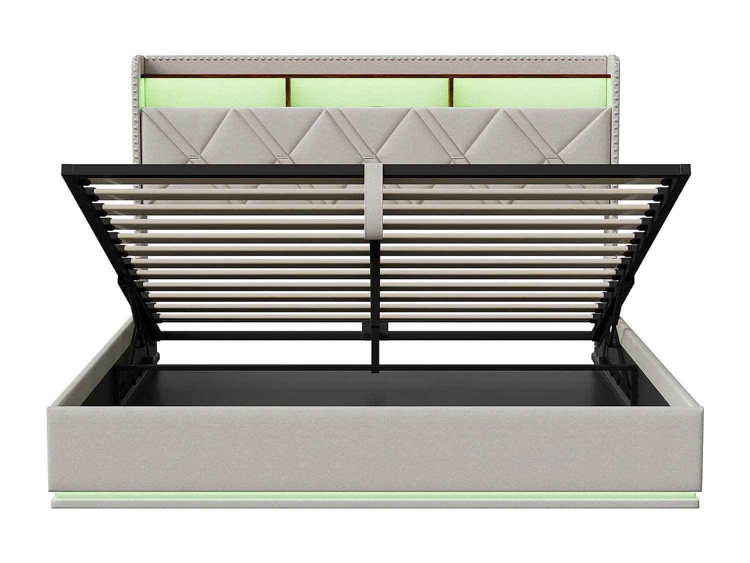 Lit coffre 160 x 200 cm LED &USB, cadre rembourré avec rangement hydraulique, tête de lit tiroirs, Lin, Beige
