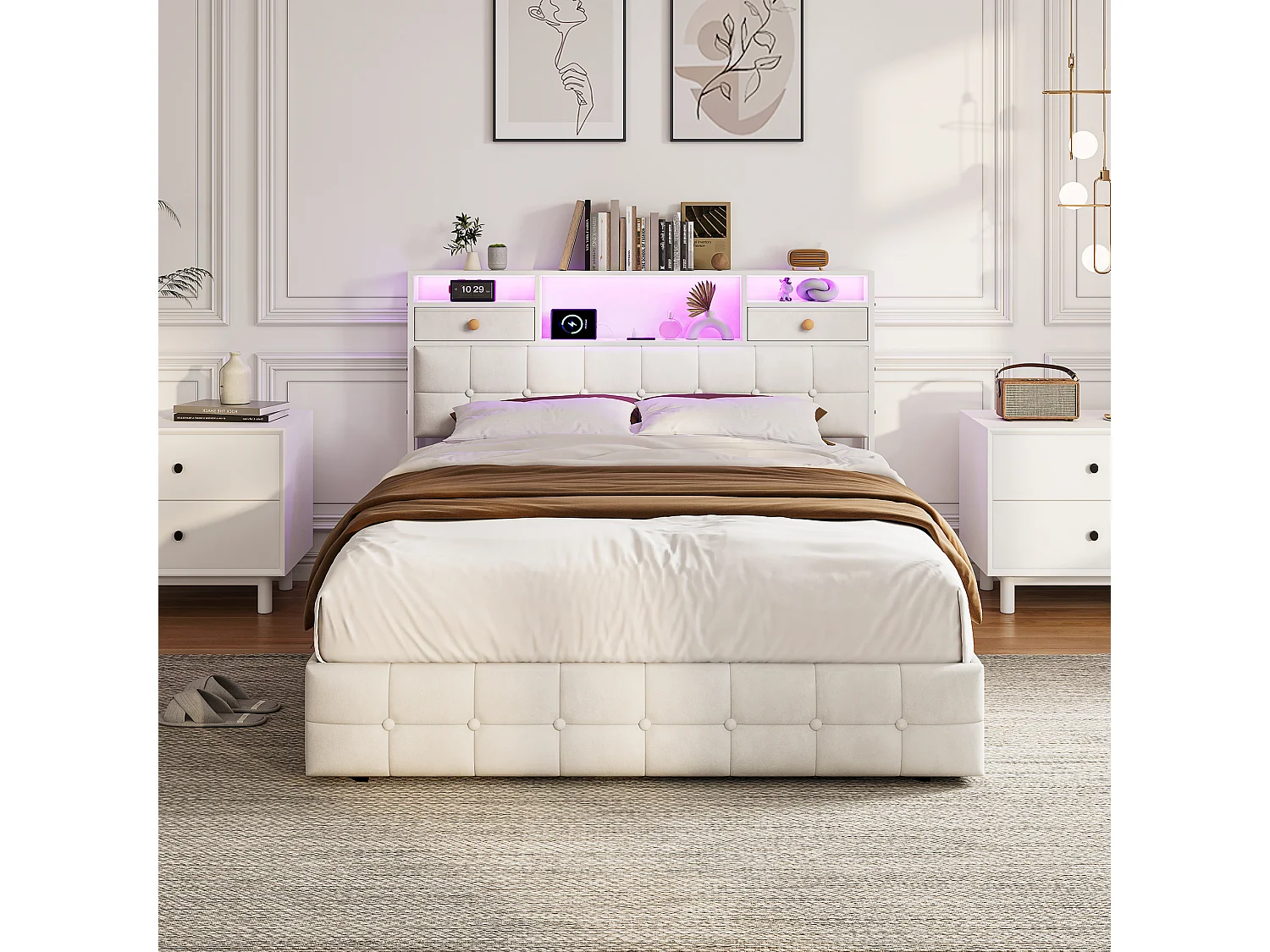 Lit double rembourré, 160 x 200 cm, avec LED et prises, sommier à lattes, cadre de lit, en velours, beige