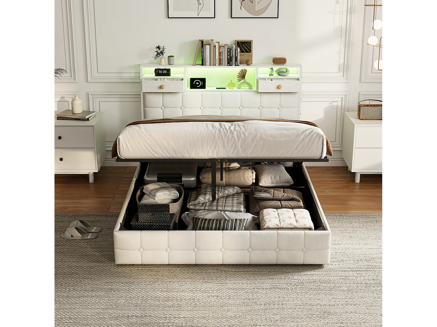 Lit double rembourré, 160 x 200 cm, avec LED et prises, sommier à lattes, cadre de lit, en velours, beige