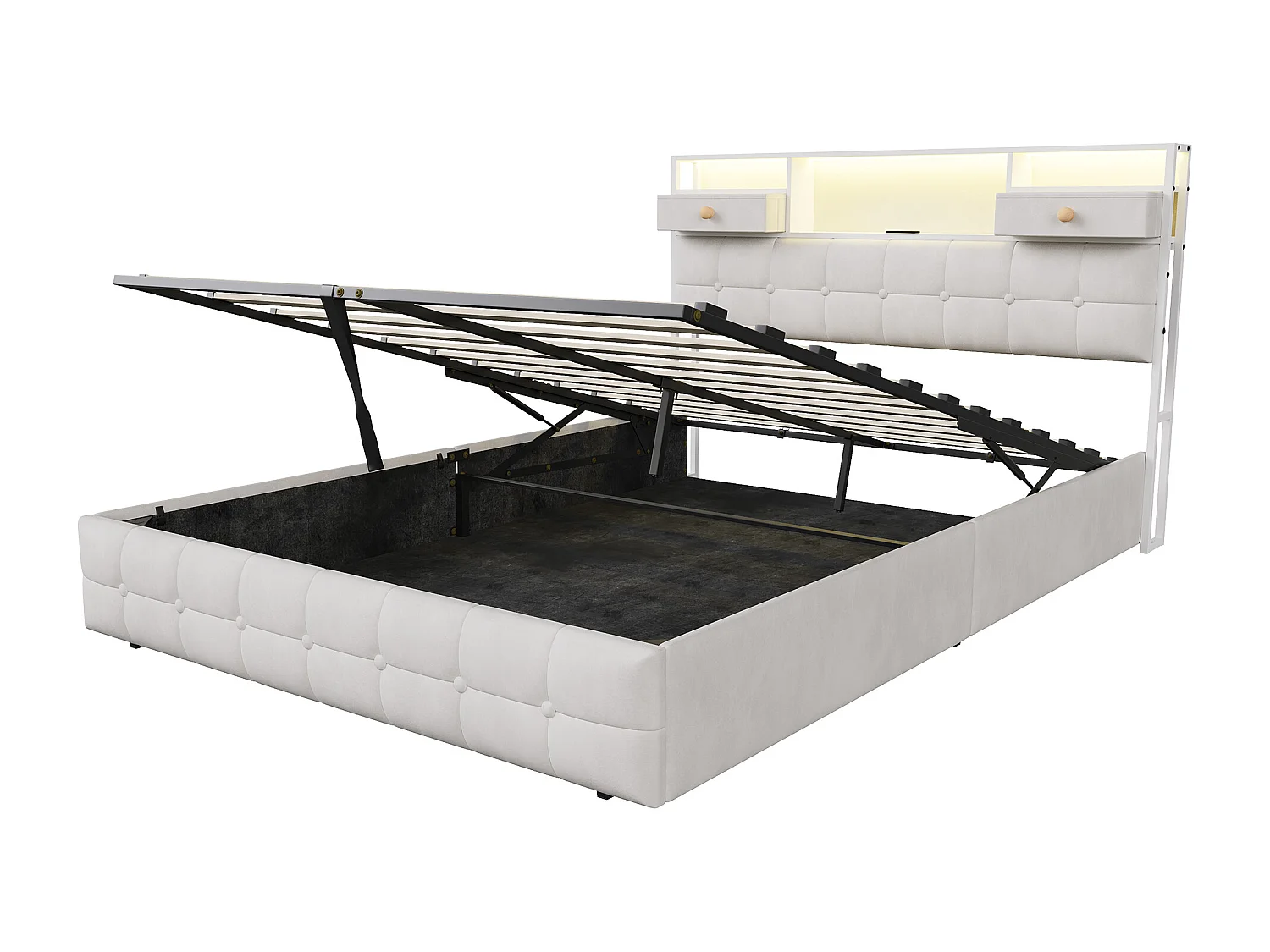 Lit double rembourré, 160 x 200 cm, avec LED et prises, sommier à lattes, cadre de lit, en velours, beige