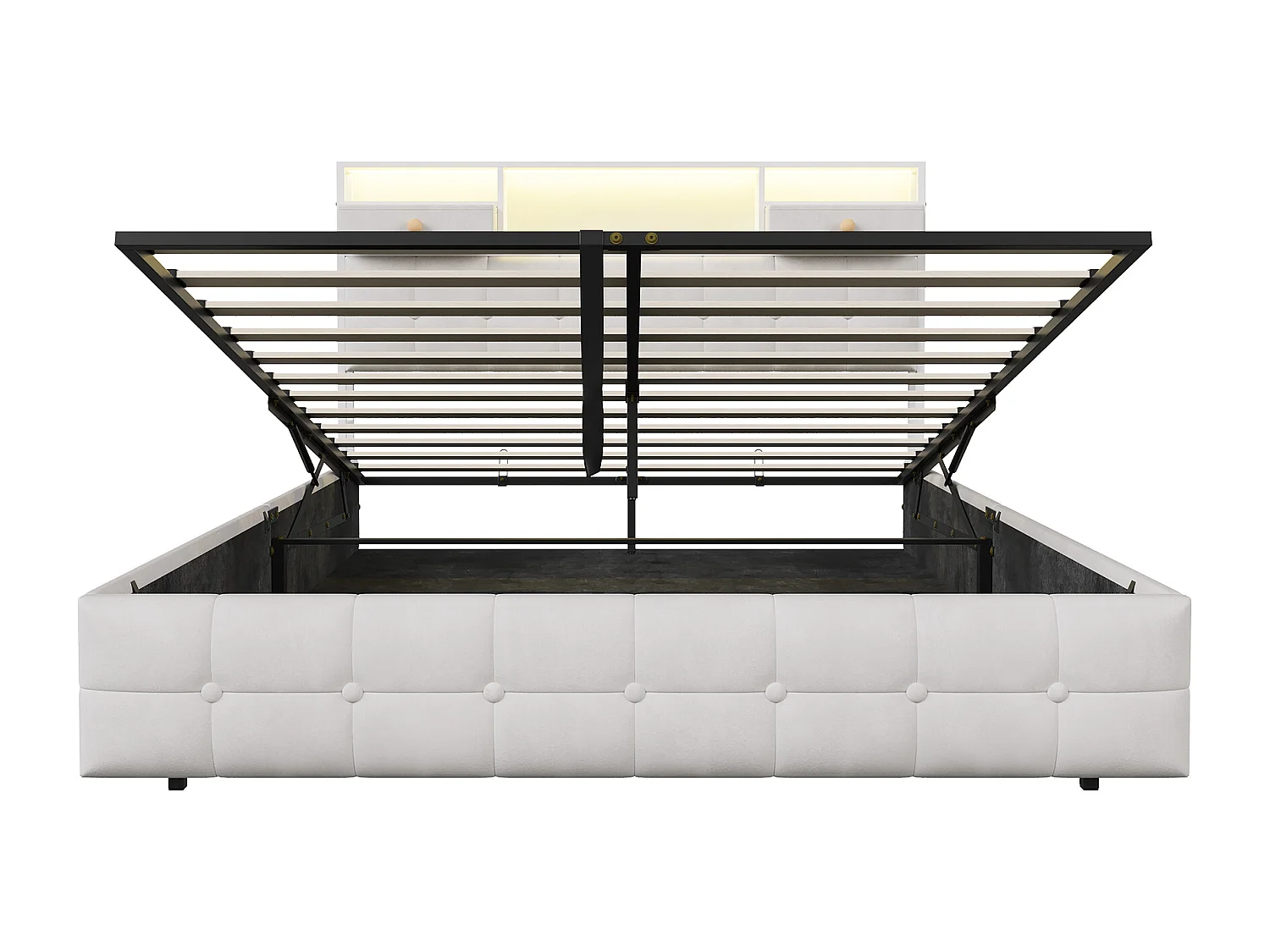 Lit double rembourré, 160 x 200 cm, avec LED et prises, sommier à lattes, cadre de lit, en velours, beige
