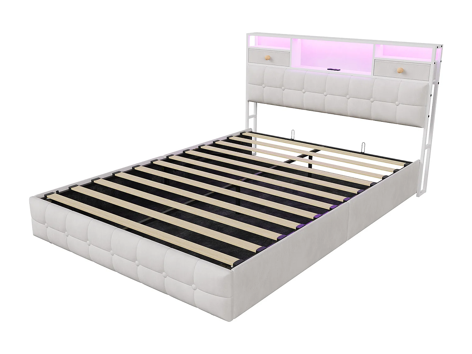 Lit double rembourré, 160 x 200 cm, avec LED et prises, sommier à lattes, cadre de lit, en velours, beige