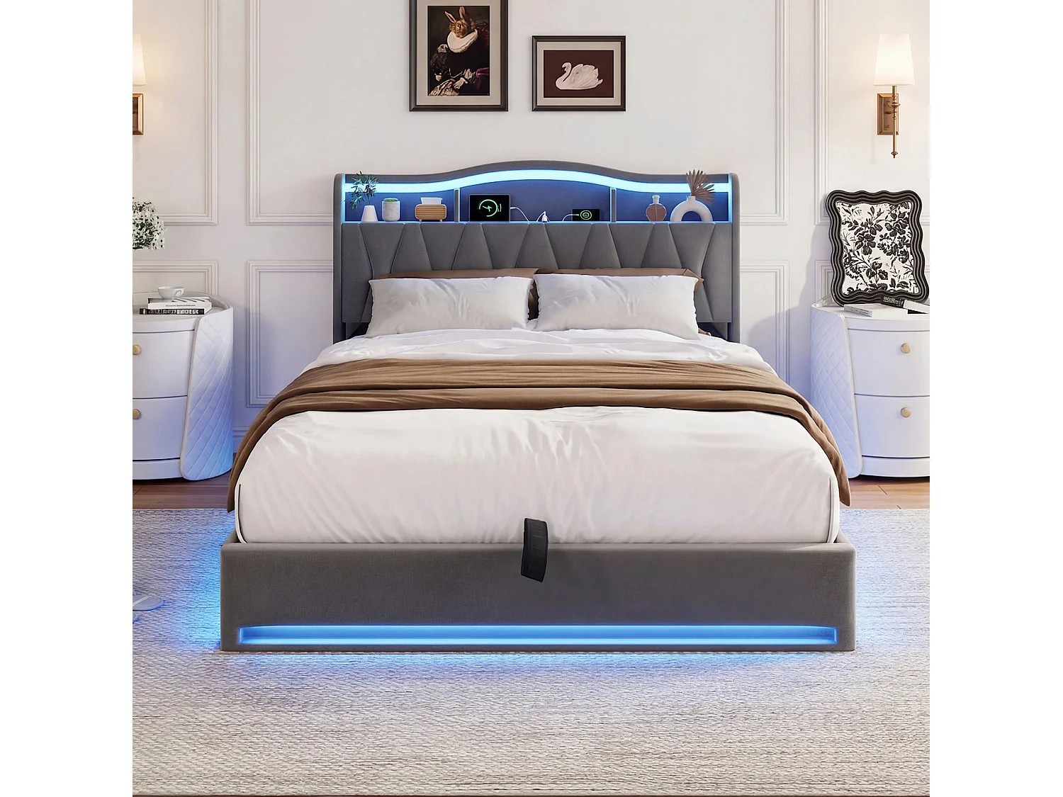 Lit double rembourré, 140 x 200 cm, avec LED et prises, avec espace de rangement, sommier à lattes, velours, Gris