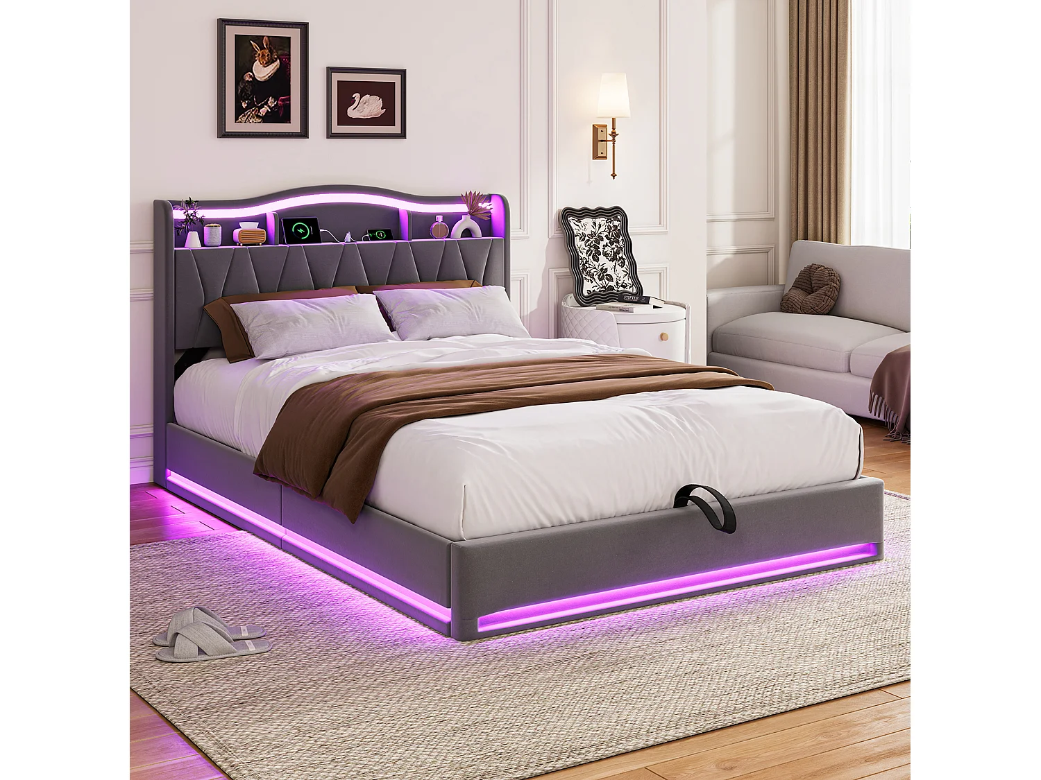 Lit double rembourré, 140 x 200 cm, avec LED et prises, avec espace de rangement, sommier à lattes, velours, Gris