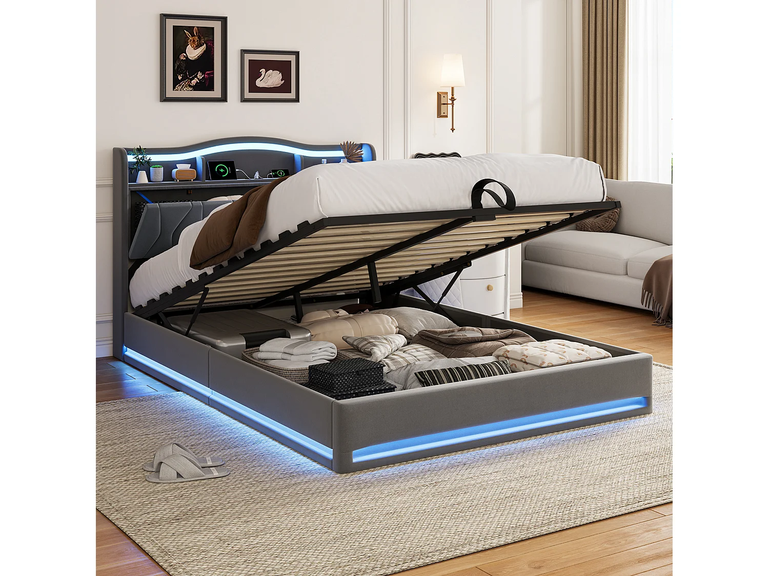 Lit double rembourré, 140 x 200 cm, avec LED et prises, avec espace de rangement, sommier à lattes, velours, Gris