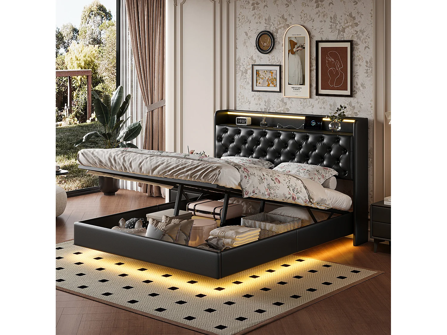 Lit 160 x 200 cm avec LED, multiprise et rangement, tête de lit étagères, effet flottant, simili cuir noir