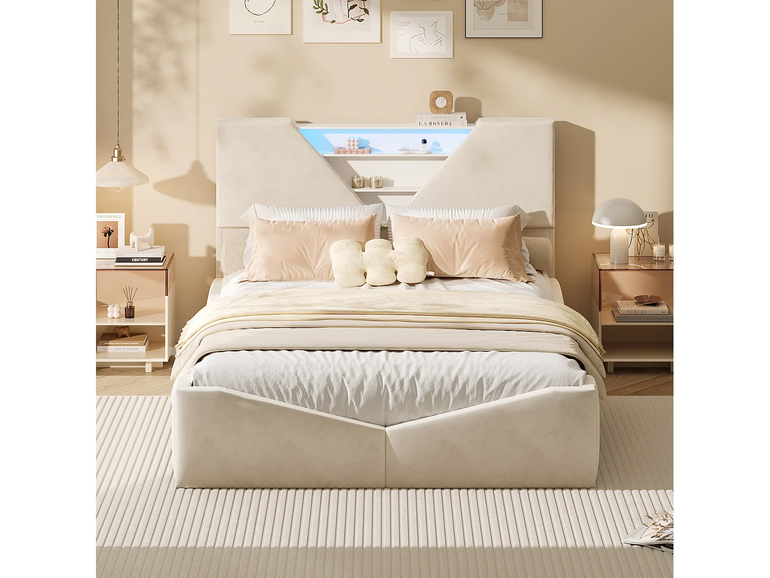 Lit Coffre 140 x 200 cm avec Sommier à Lattes, Lit Double en Velours avec Rangement, LED, Blanc