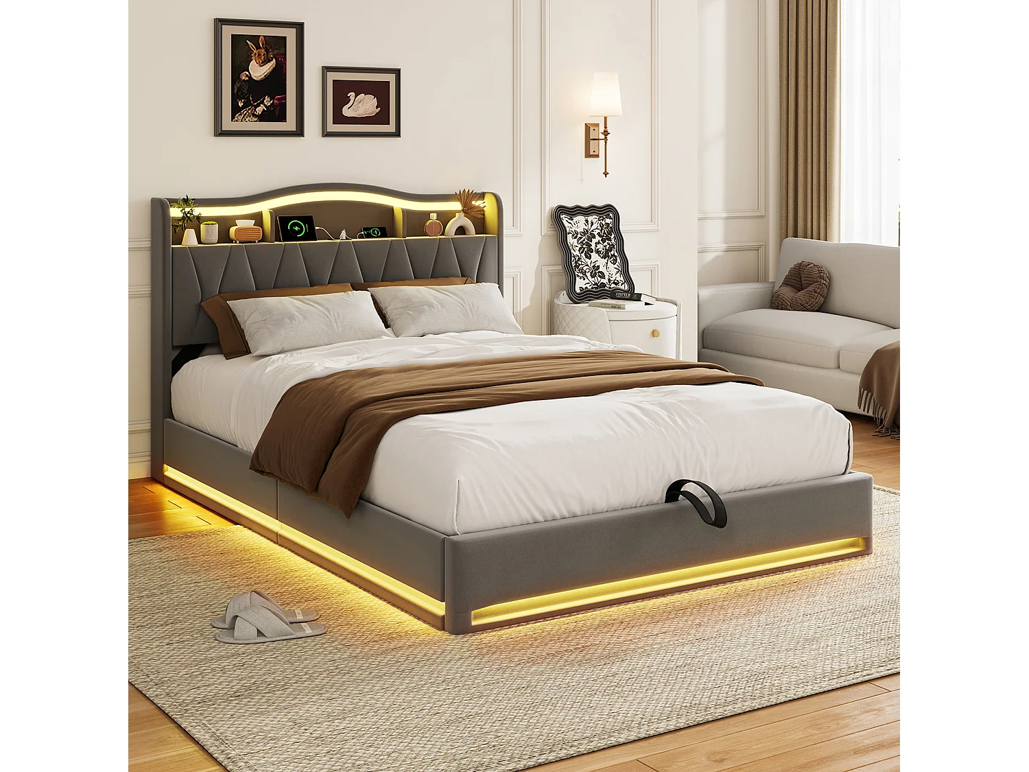 Lit double rembourré, 160 x 200 cm, avec LED et prises, avec espace de rangement, sommier à lattes, velours, Gris