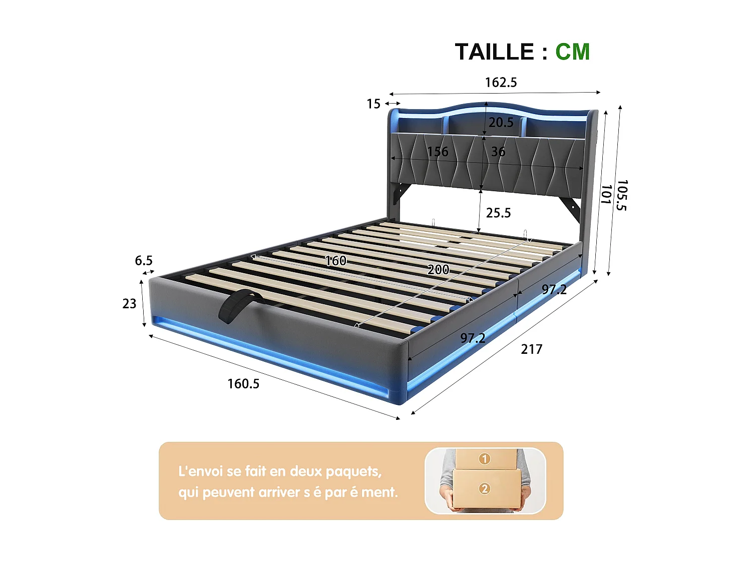Lit double rembourré, 160 x 200 cm, avec LED et prises, avec espace de rangement, sommier à lattes, velours, Gris