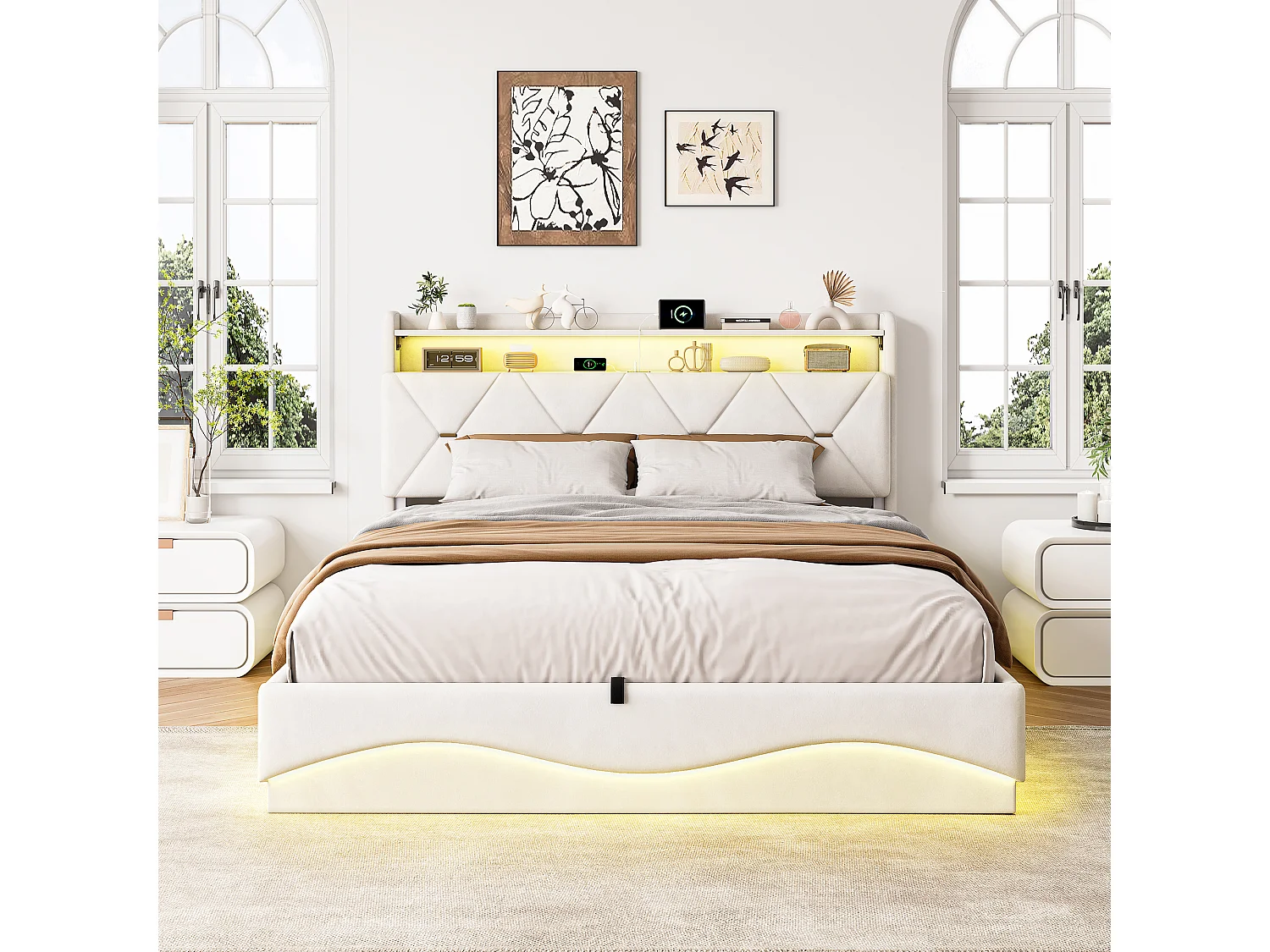 Lit double rembourré, 160 x 200 cm, avec espace de rangement, éclairage LED et USB, velours, Beige