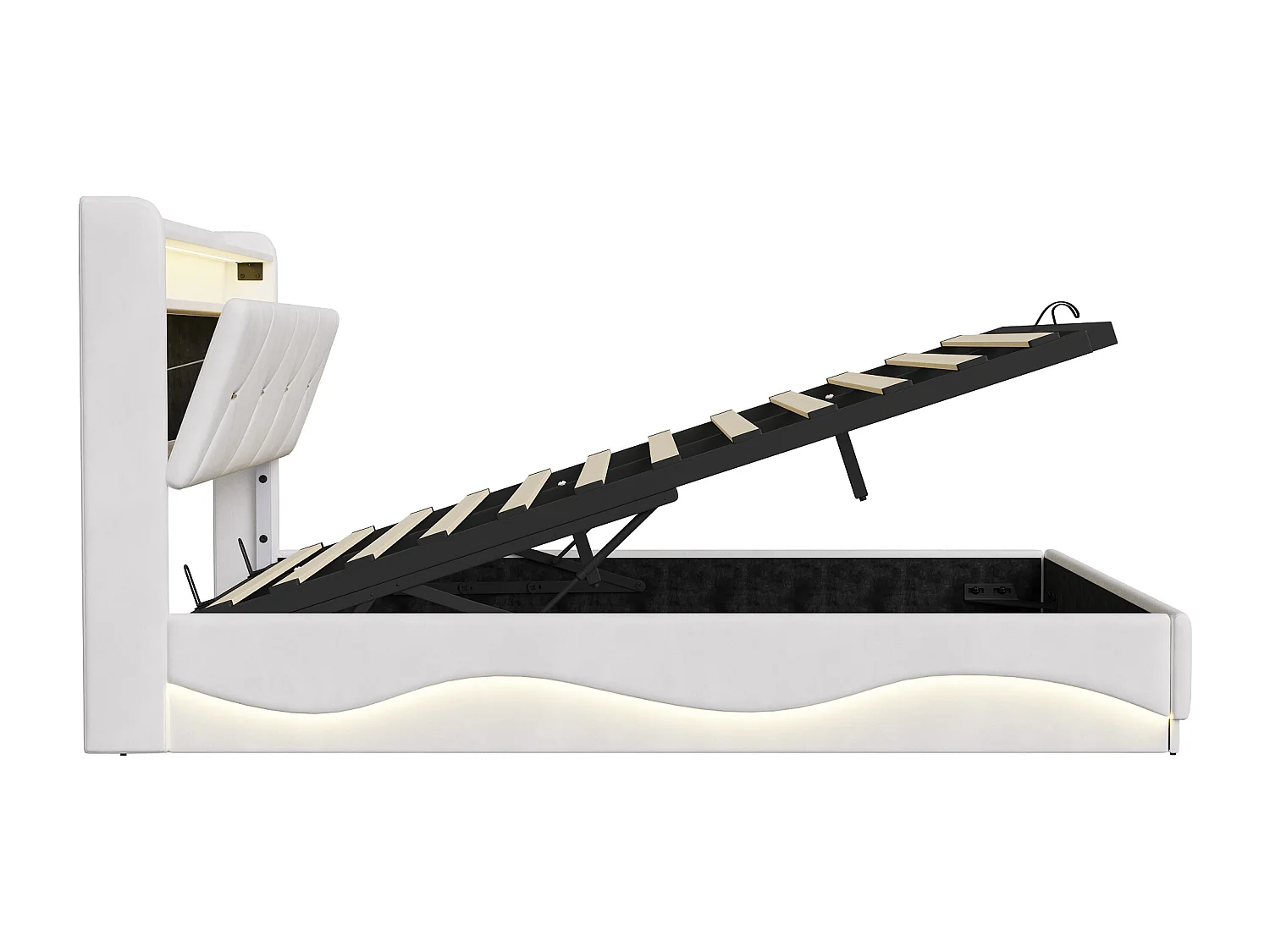 Lit double rembourré, 160 x 200 cm, avec espace de rangement, éclairage LED et USB, velours, Beige